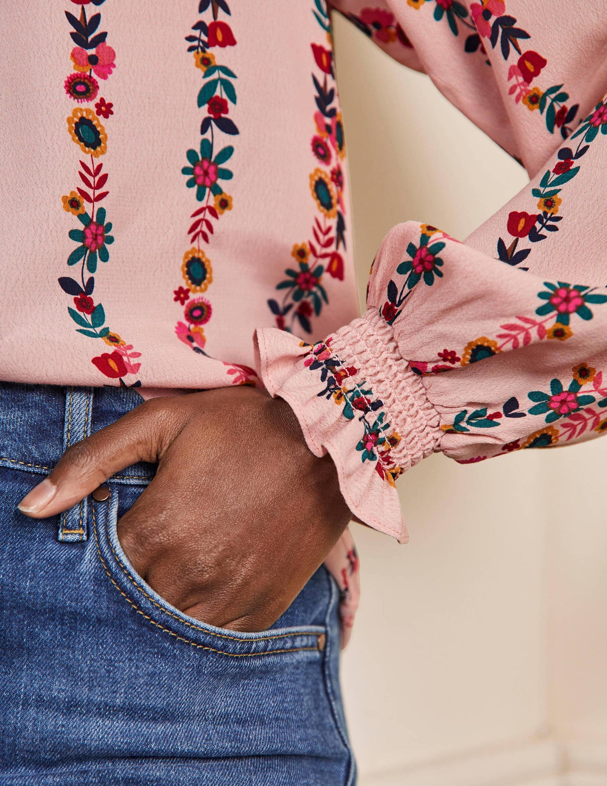 Smocking Detail Blouse-Milkshake, Flora Bloom-2