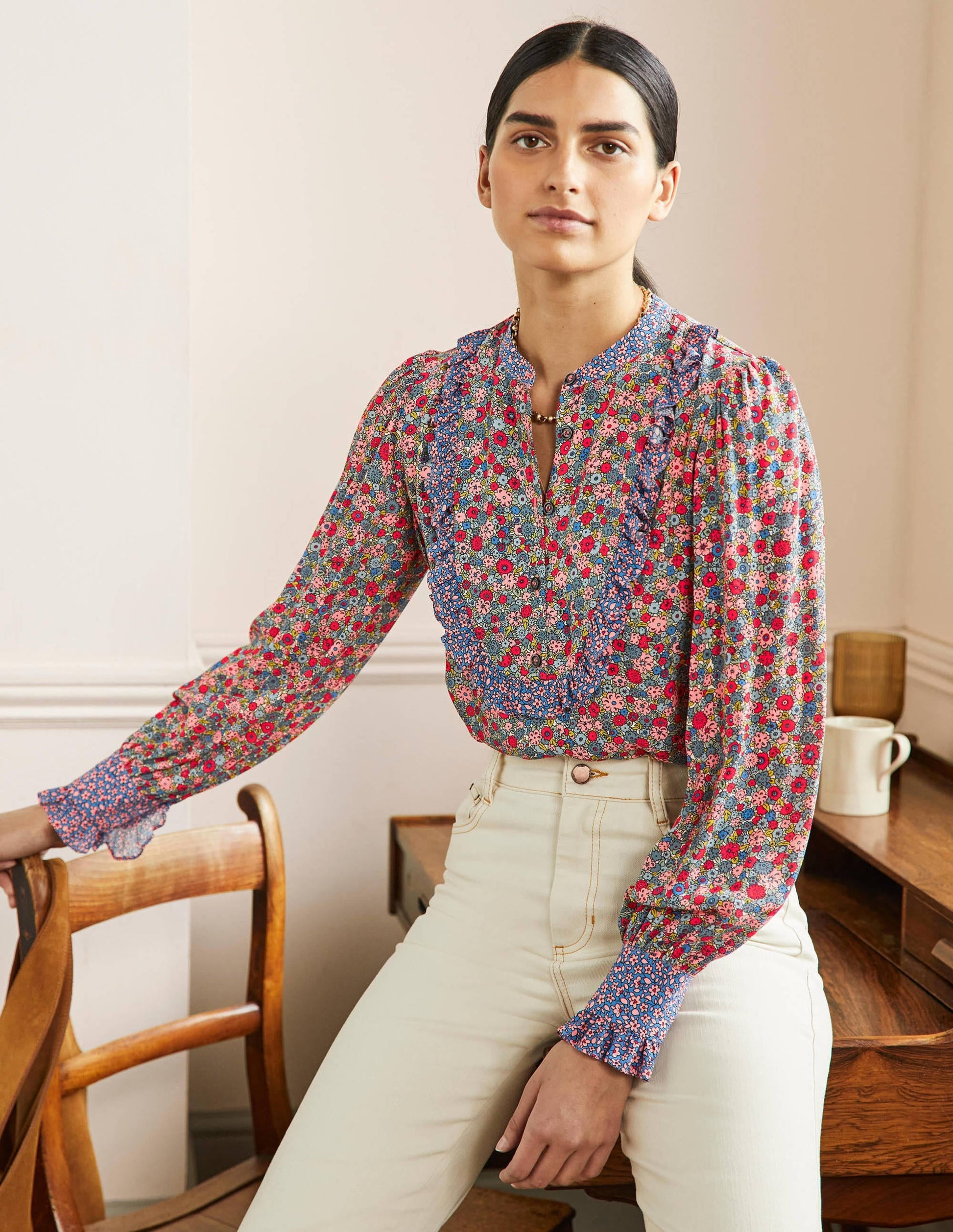 Frilly Printed Popover Blouse-Riviera Blue, Floret Cluster-1