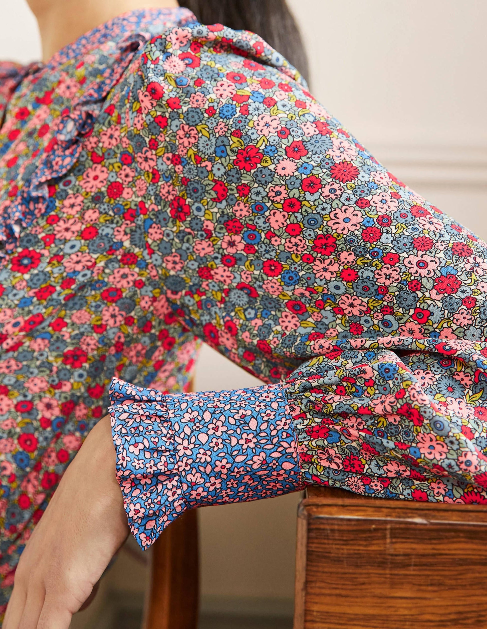 Frilly Printed Popover Blouse-Riviera Blue, Floret Cluster-2