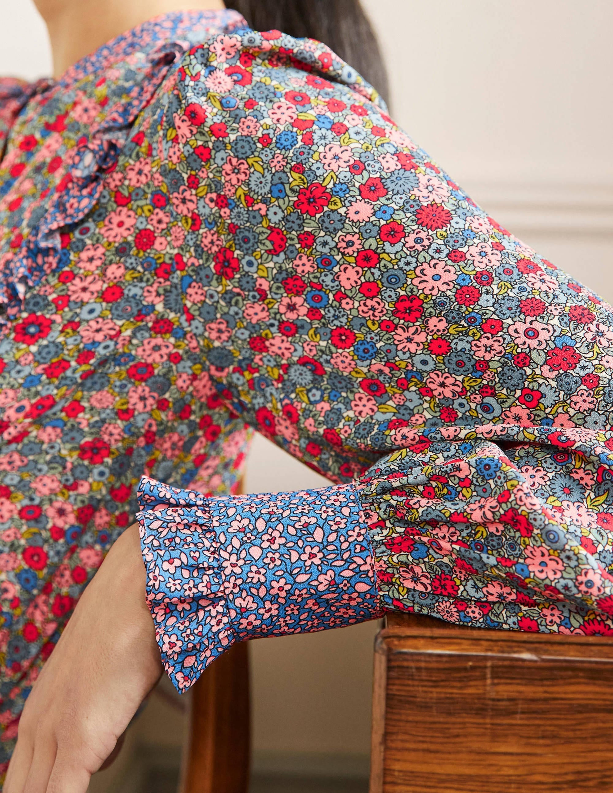 Frilly Printed Popover Blouse-Riviera Blue, Floret Cluster - Image 2