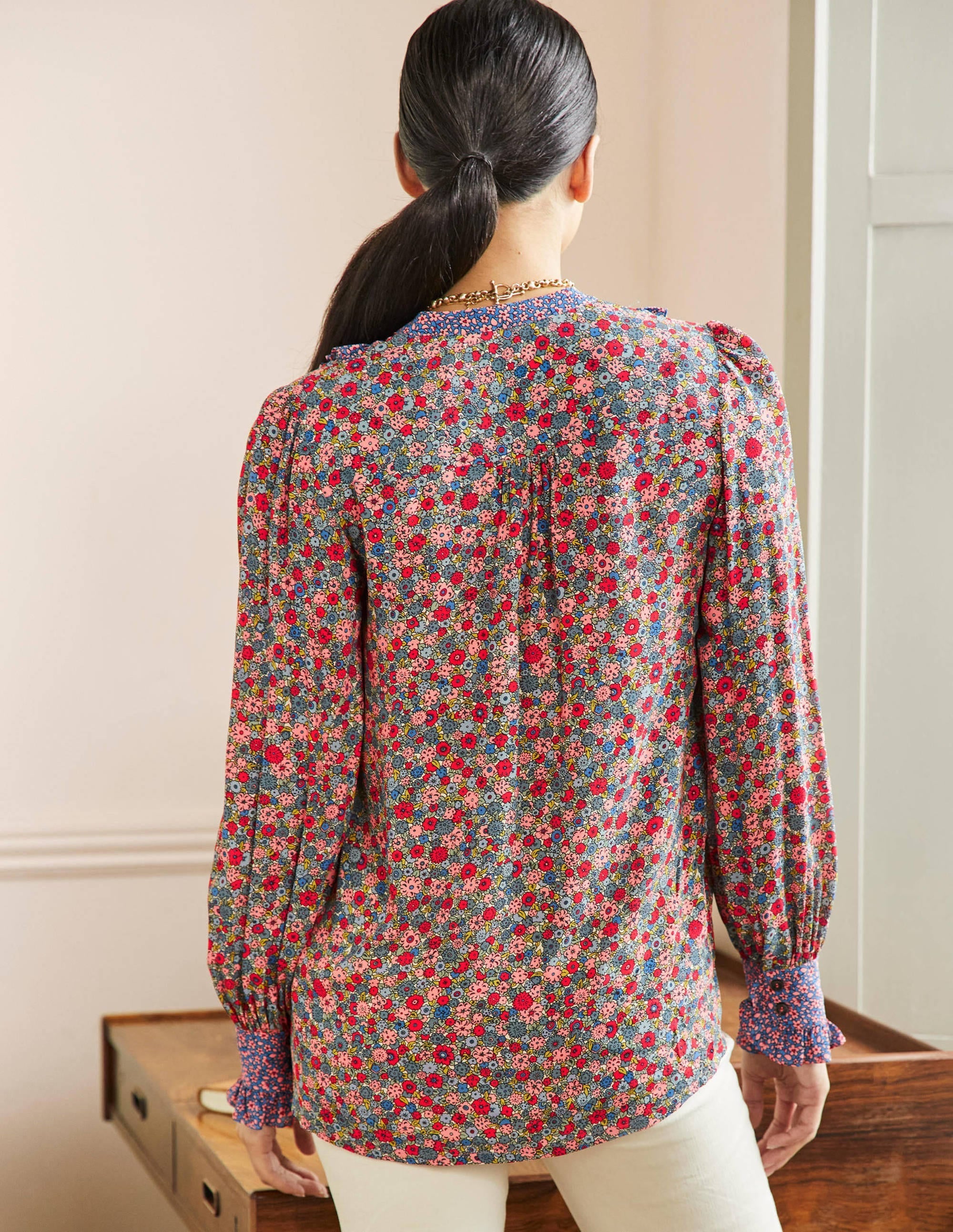 Frilly Printed Popover Blouse-Riviera Blue, Floret Cluster - Image 3