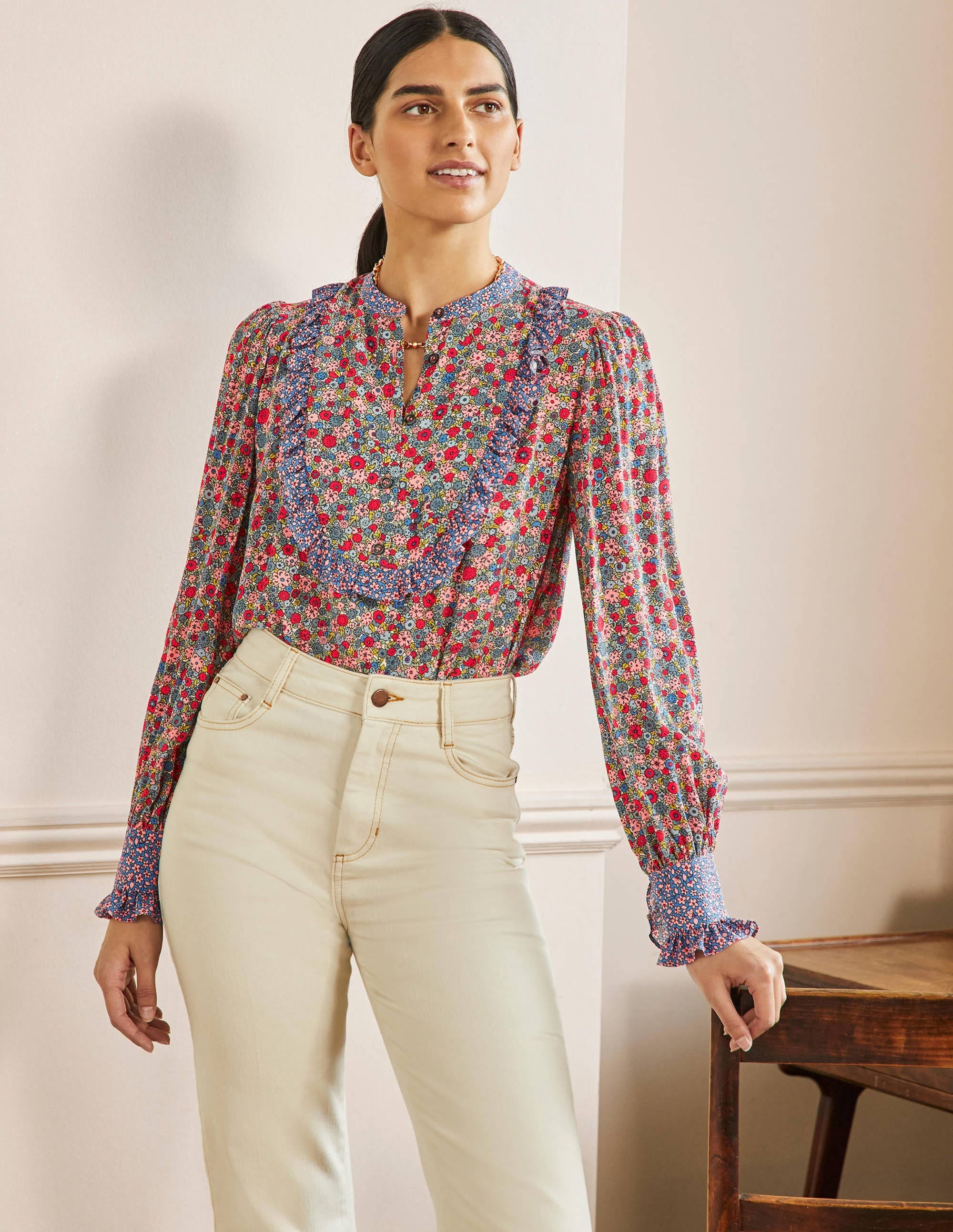 Frilly Printed Popover Blouse-Riviera Blue, Floret Cluster - Image 4