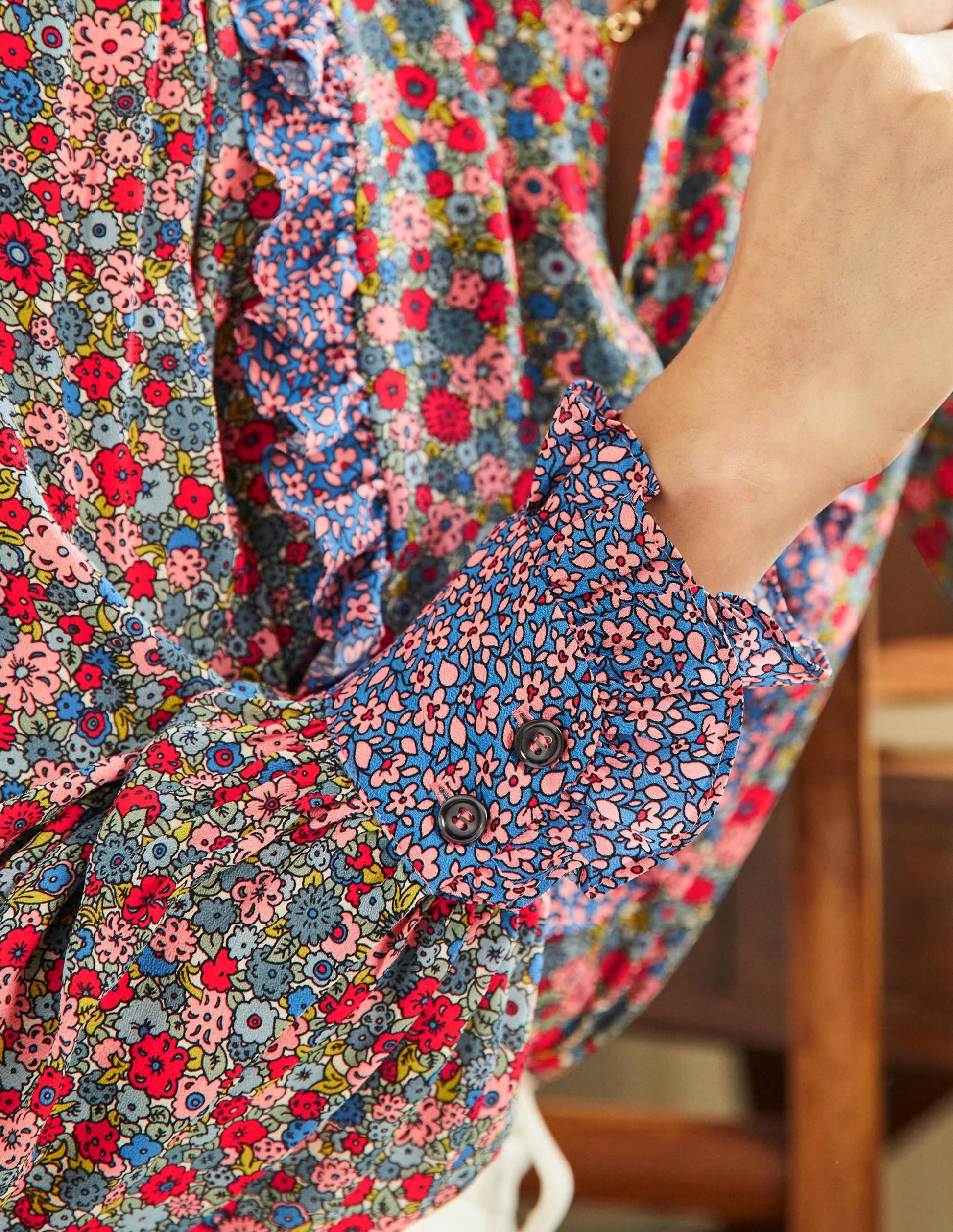 Frilly Printed Popover Blouse-Riviera Blue, Floret Cluster-5