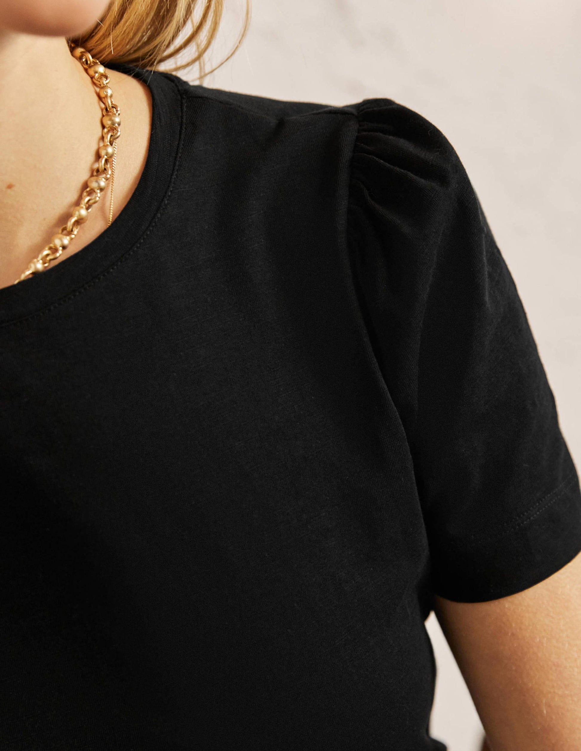 Puff Sleeve Cotton T-Shirt-Black-2