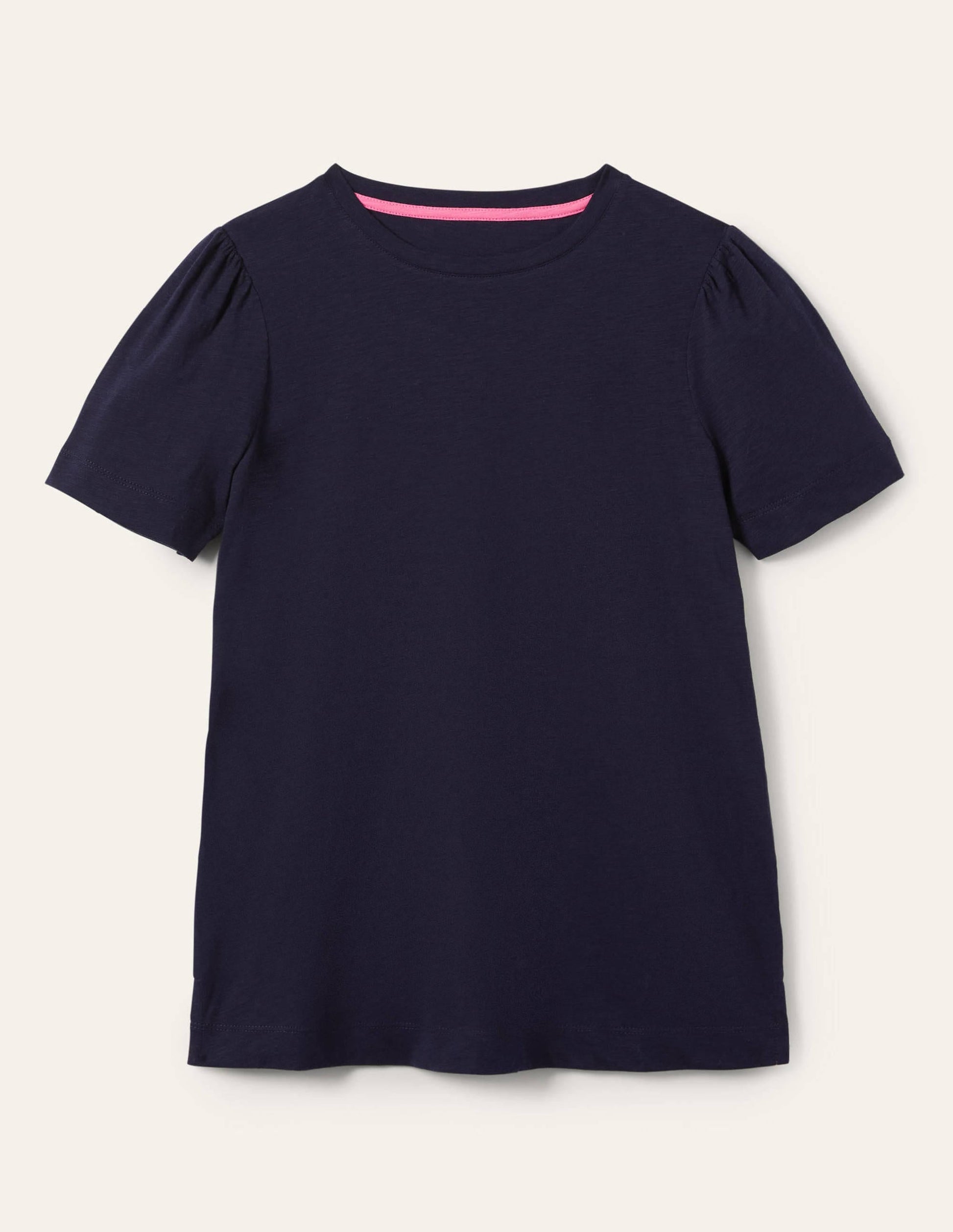Puff Sleeve Cotton T-Shirt-Navy-5