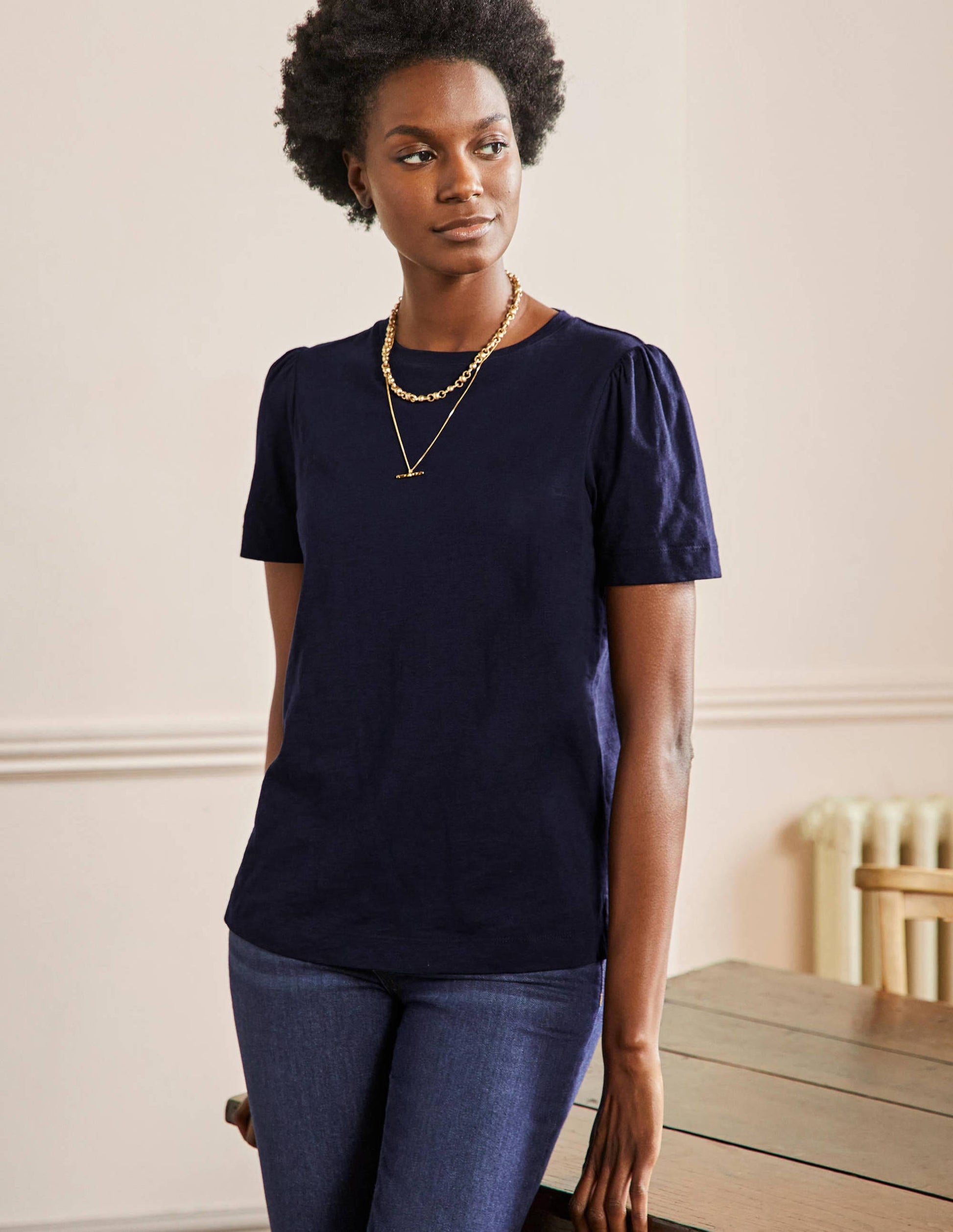 Puff Sleeve Cotton T-Shirt-Navy-1