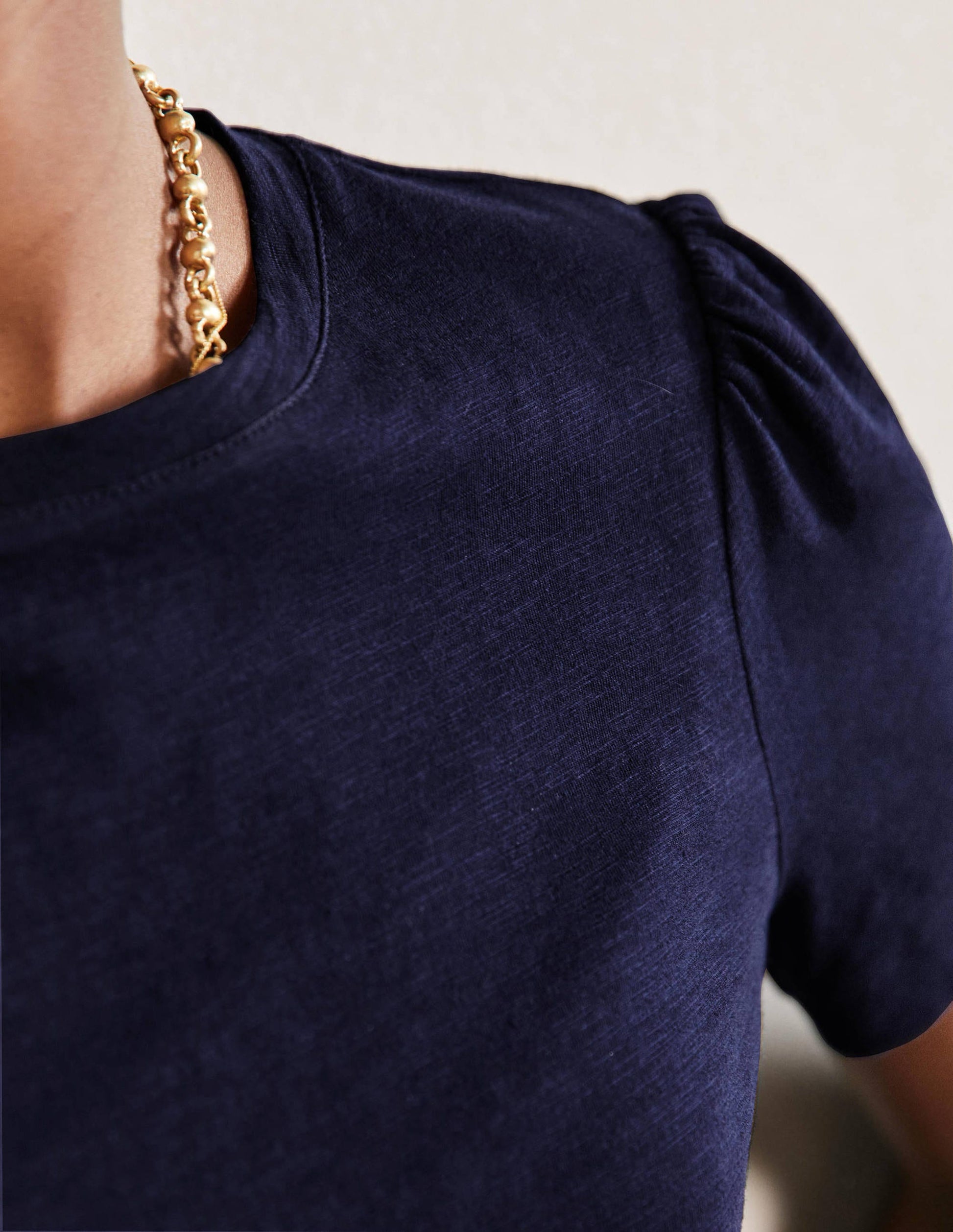 Puff Sleeve Cotton T-Shirt-Navy-2