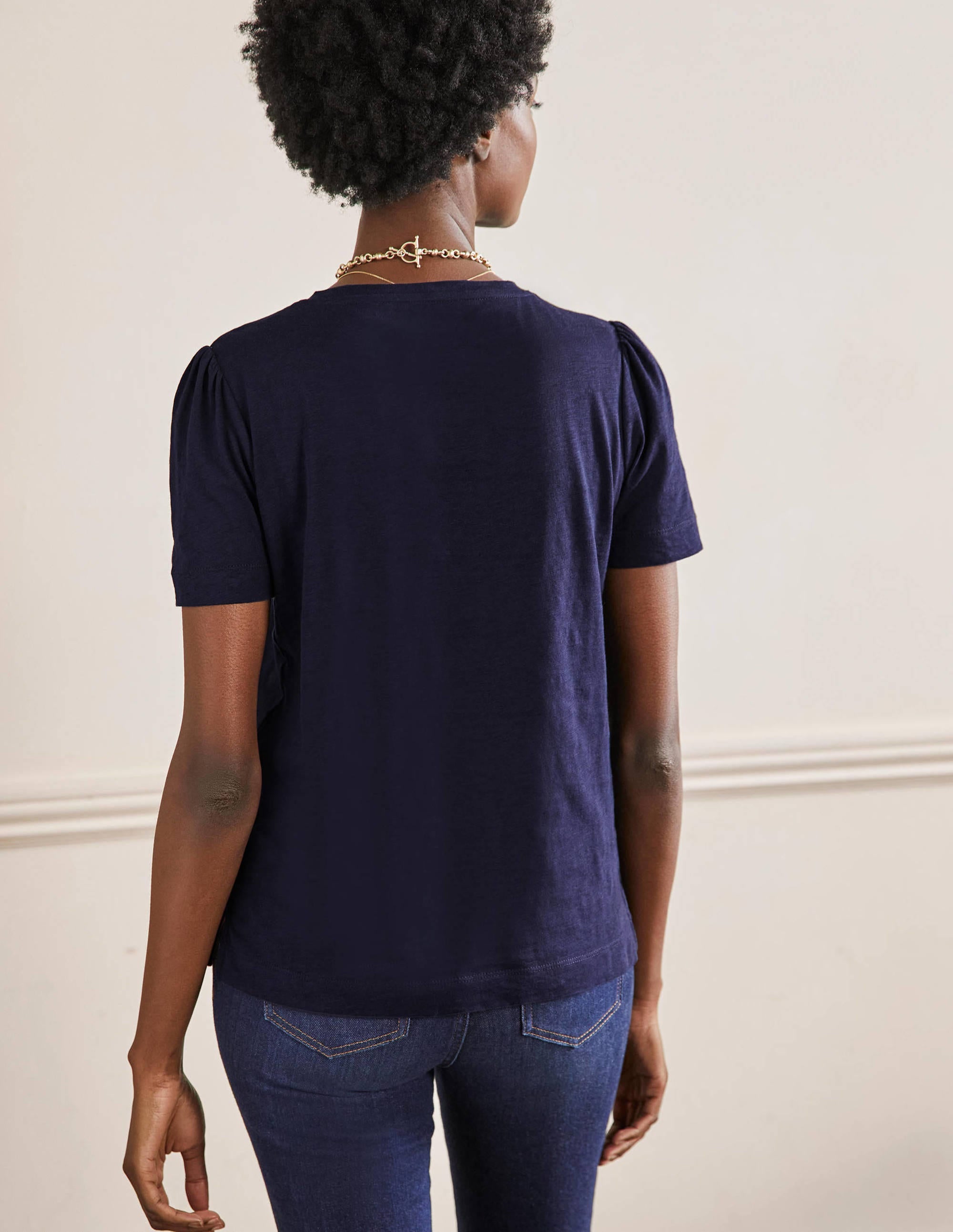 Puff Sleeve Cotton T-Shirt-Navy - Image 3