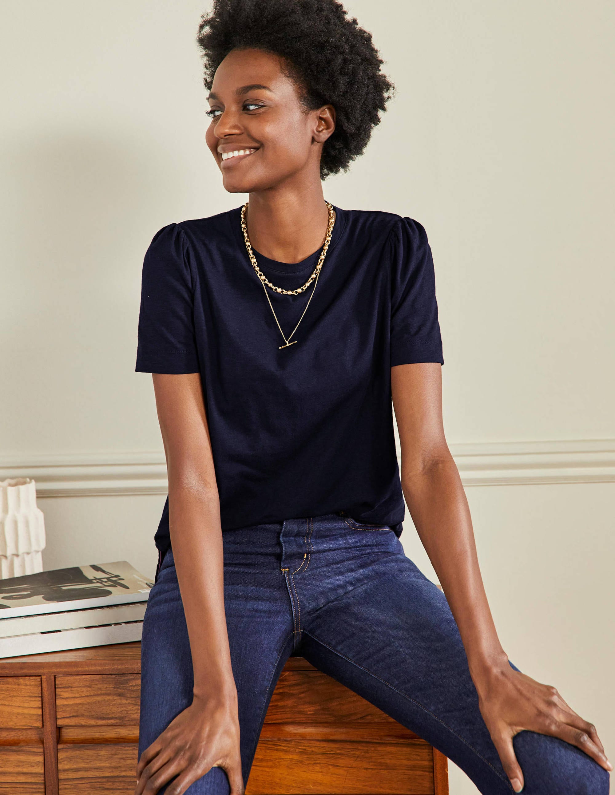 Puff Sleeve Cotton T-Shirt-Navy - Image 4