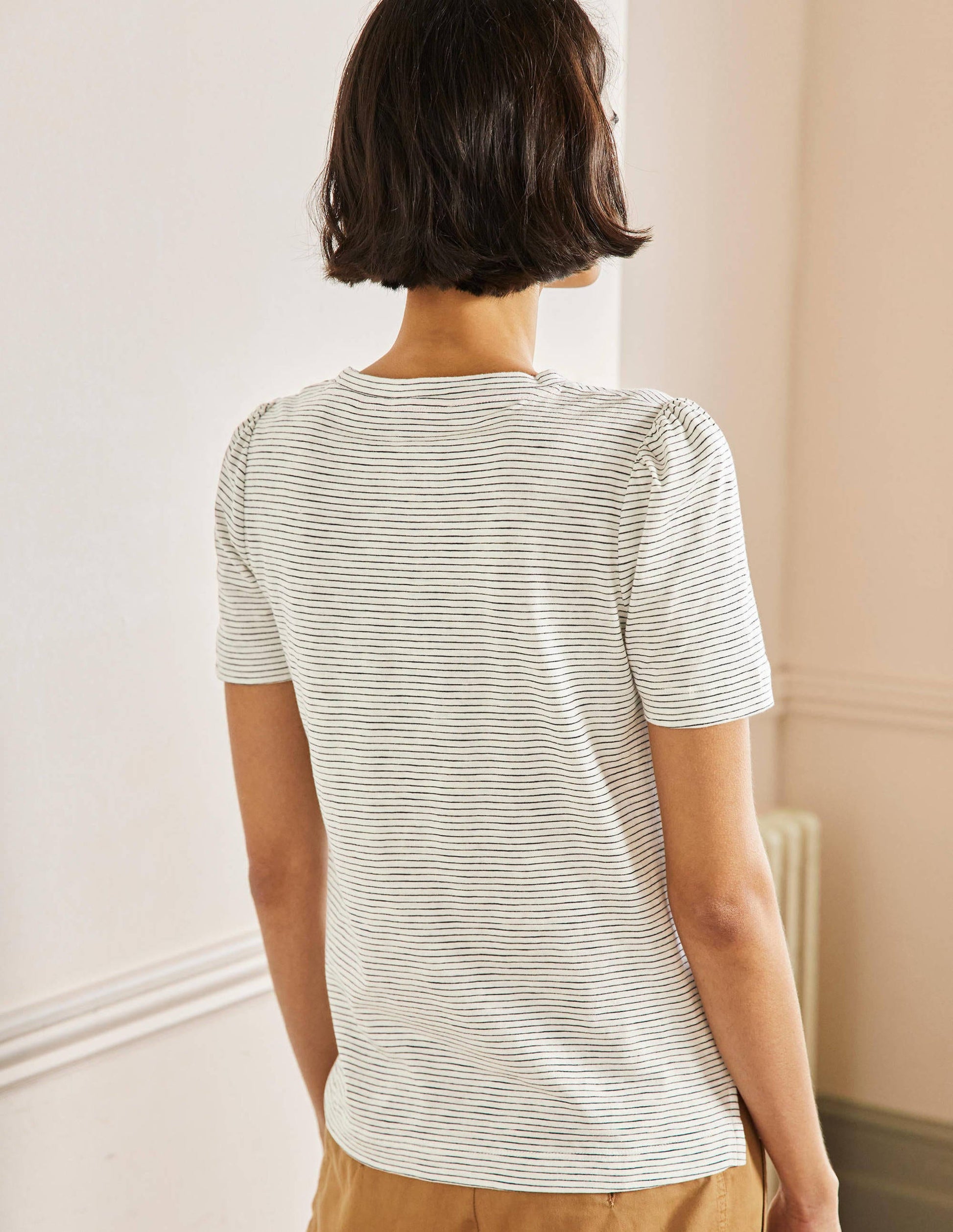Puff Sleeve Cotton T-Shirt-Ivory / Navy Stripe-3