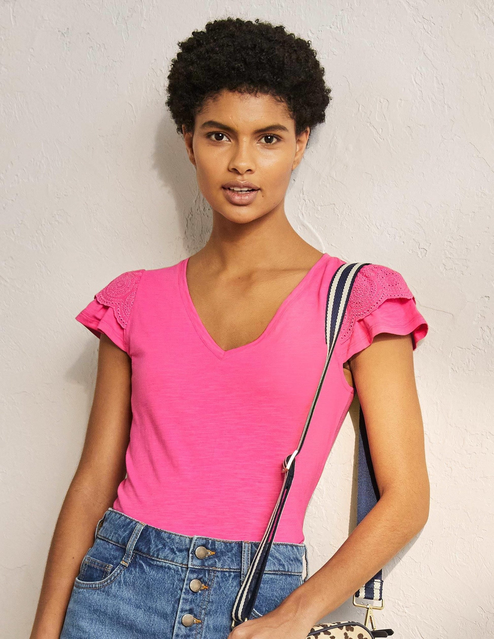 Broderie Cotton V-Neck T-Shirt-Festival Pink-1