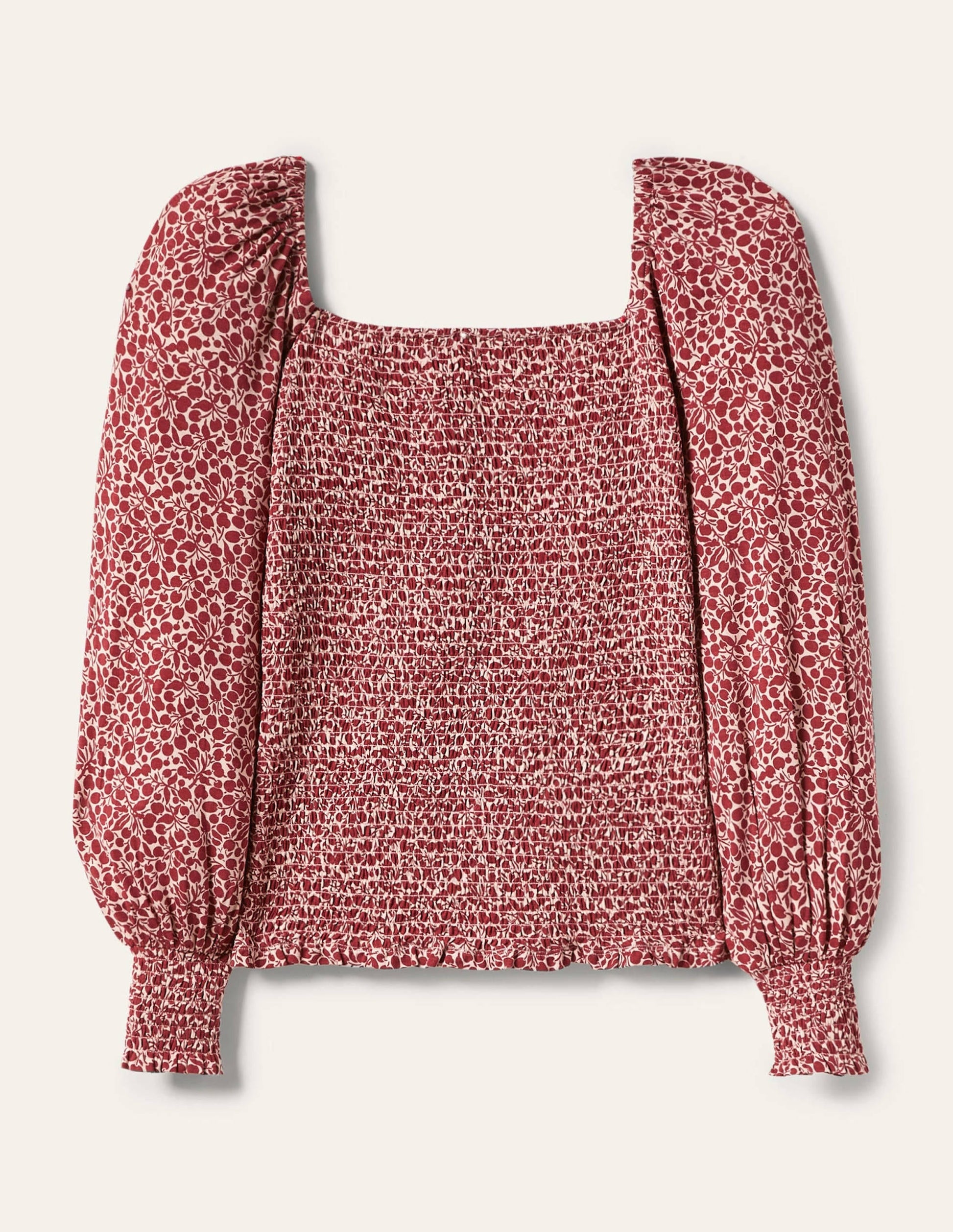 Smocked Bodice Blouson Top-Sumac Red, Flora Sprig-6