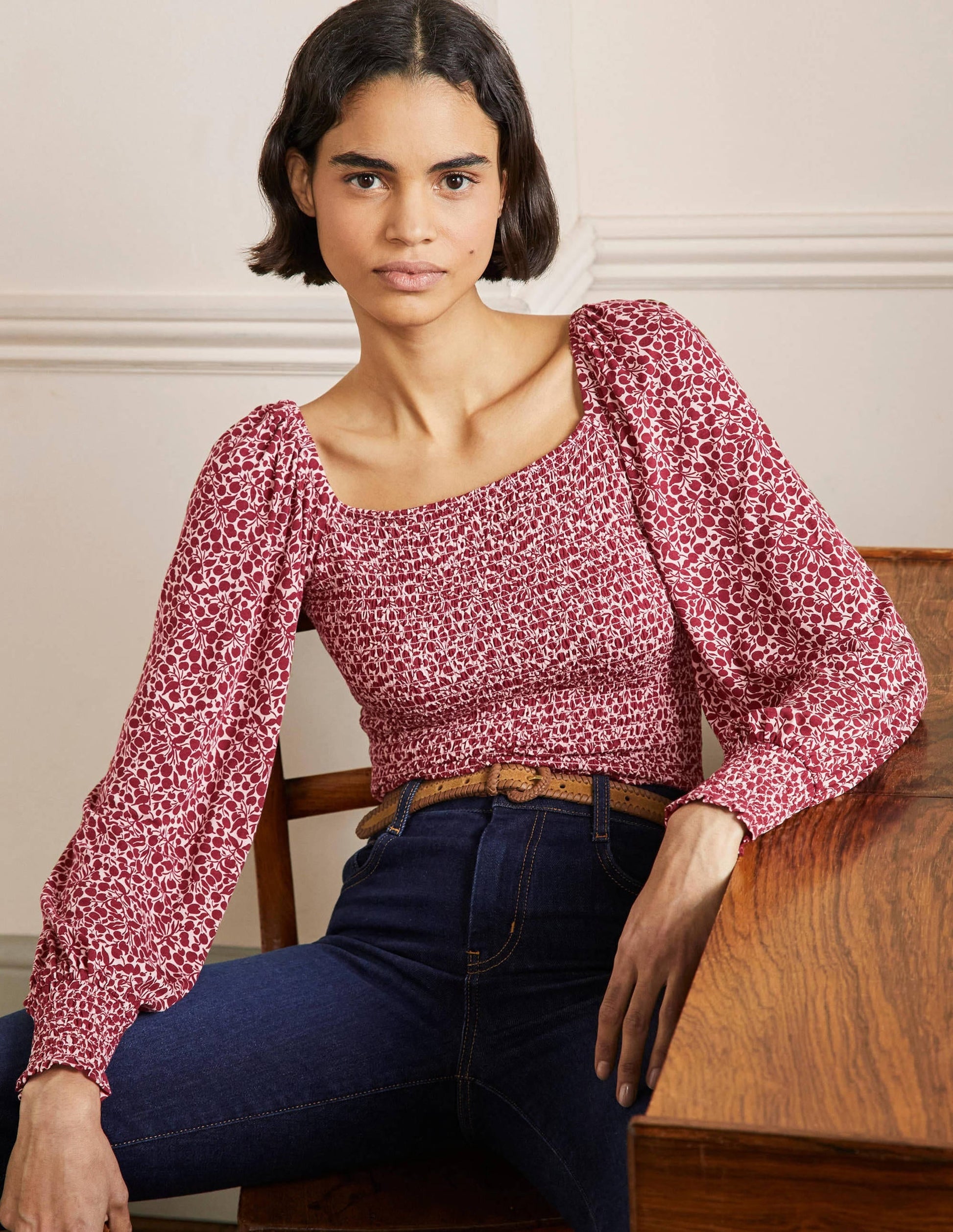 Smocked Bodice Blouson Top-Sumac Red, Flora Sprig-1