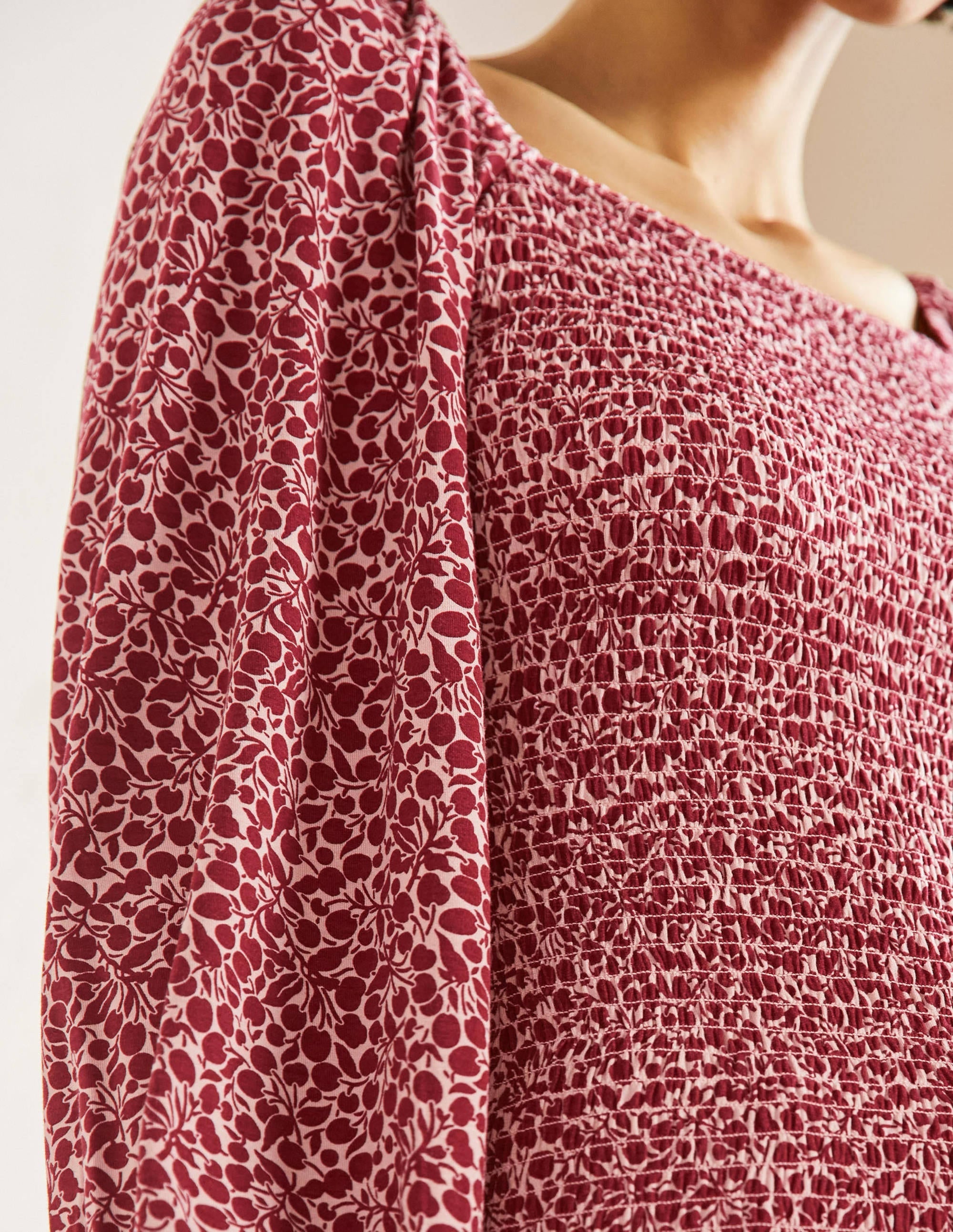Smocked Bodice Blouson Top-Sumac Red, Flora Sprig - Image 2