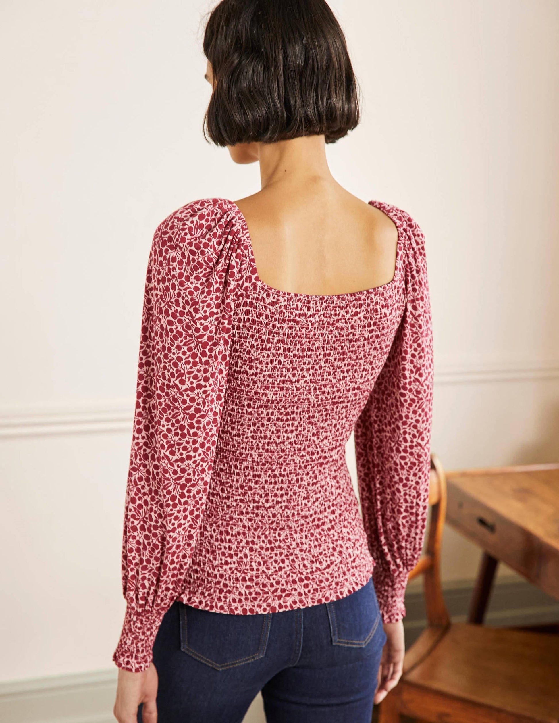 Smocked Bodice Blouson Top-Sumac Red, Flora Sprig-3