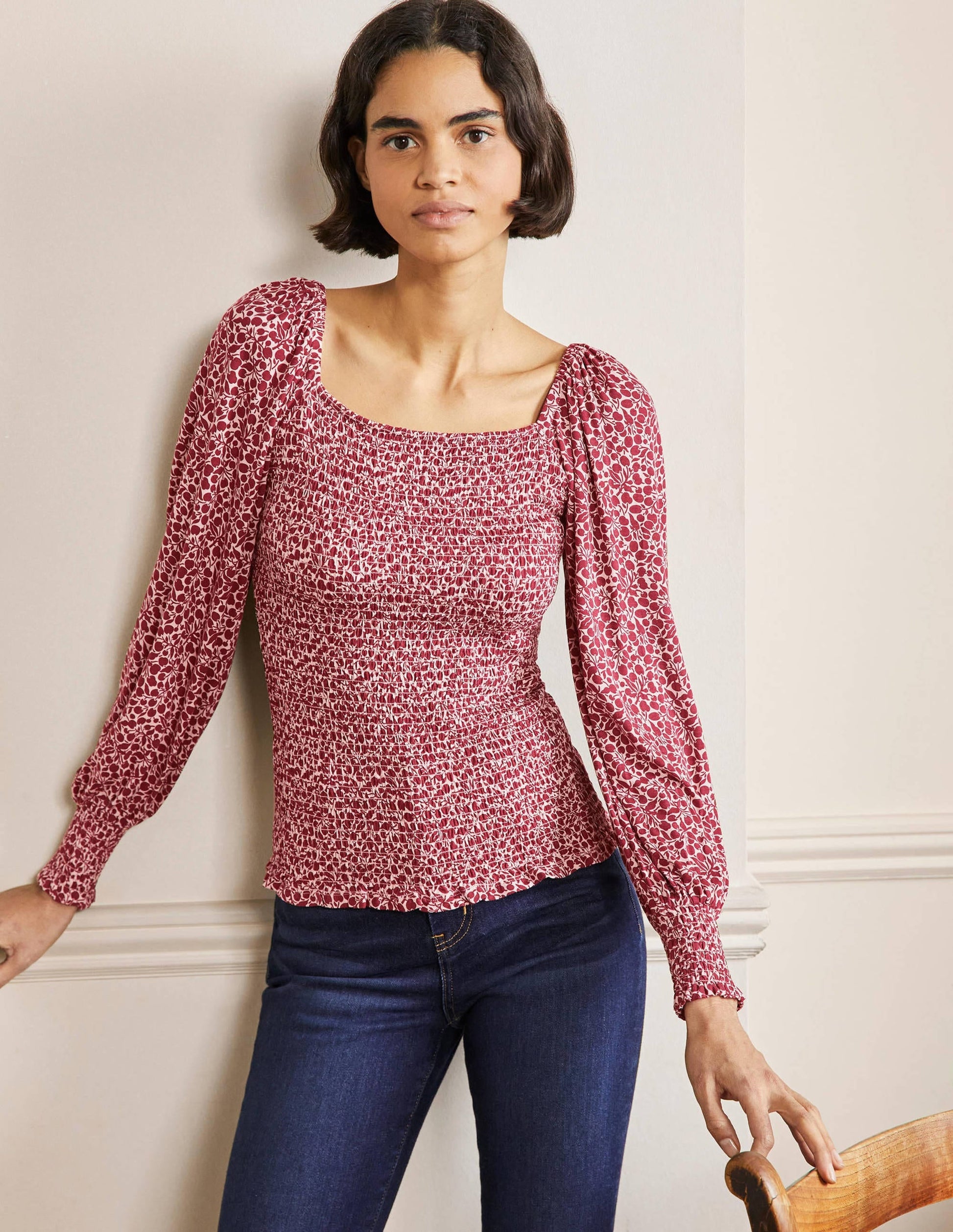 Smocked Bodice Blouson Top-Sumac Red, Flora Sprig-4