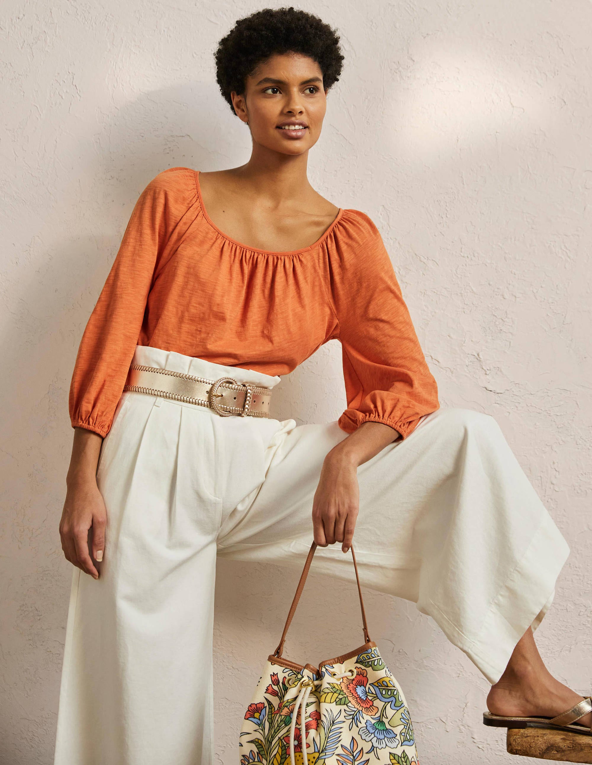 Blouson Sleeve Cotton Top-Dusty Orange - Image 1