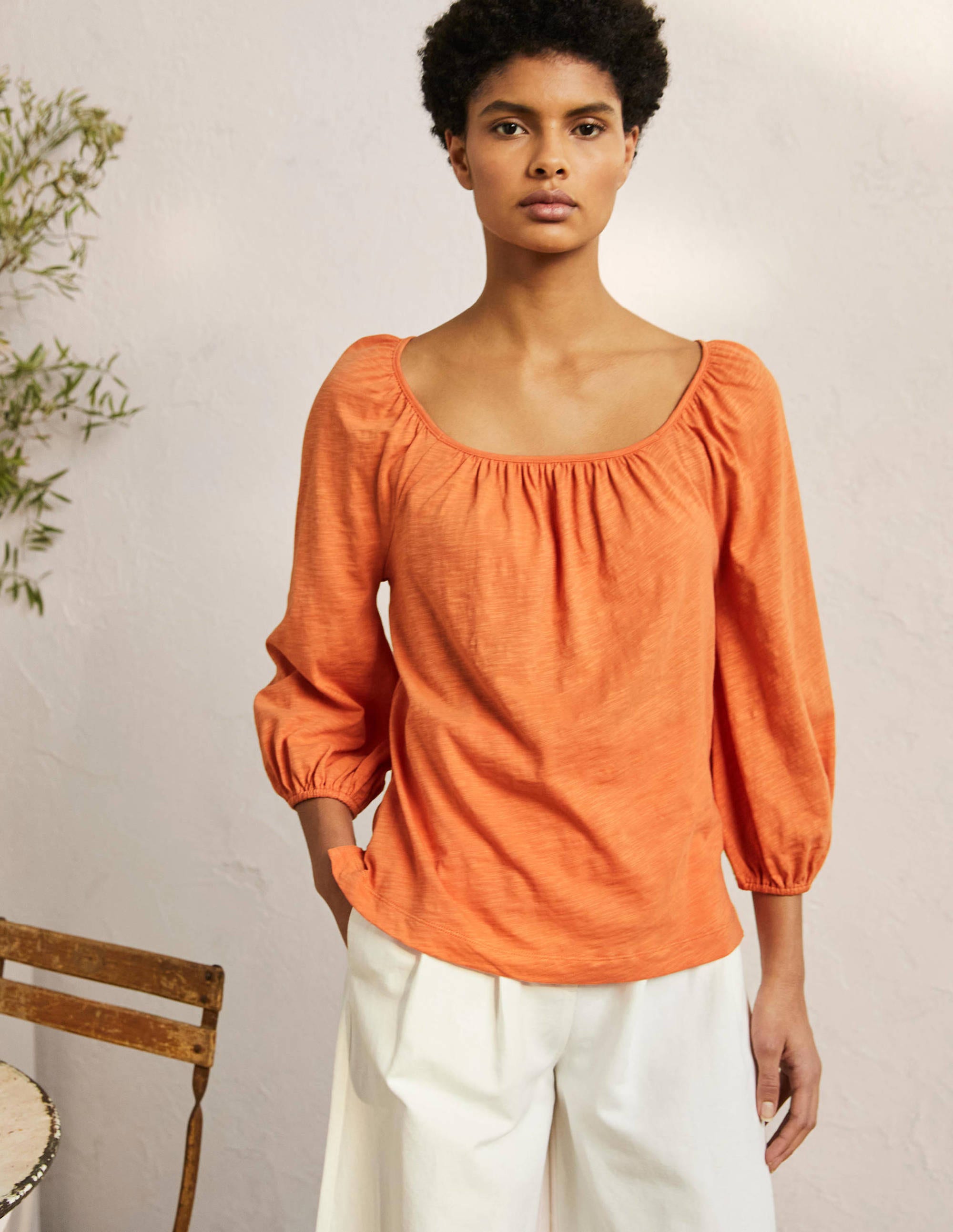 Blouson Sleeve Cotton Top-Dusty Orange - Image 4