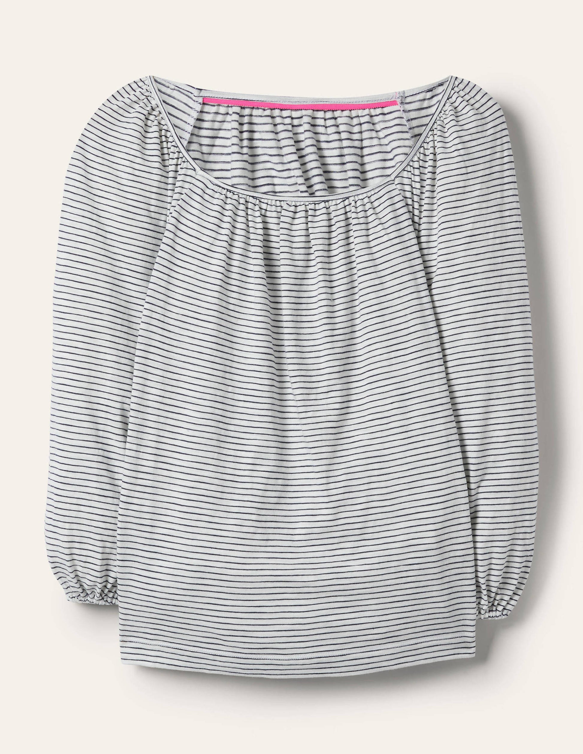 Blouson Sleeve Cotton Top-Ivory / Navy Stripe-5