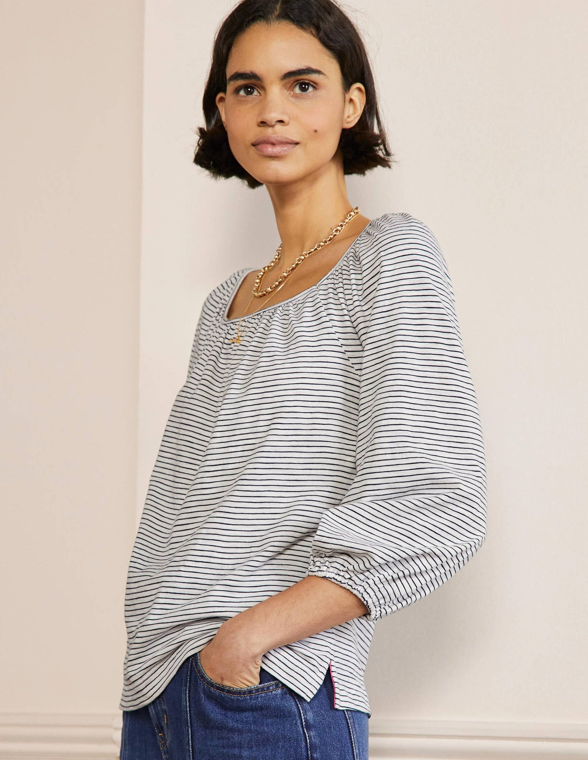 Blouson Sleeve Cotton Top-Ivory / Navy Stripe-1