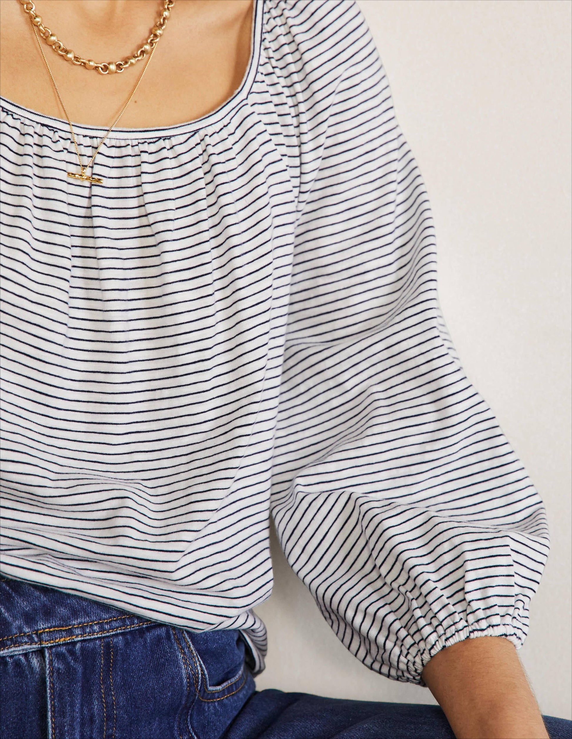 Blouson Sleeve Cotton Top-Ivory / Navy Stripe-2
