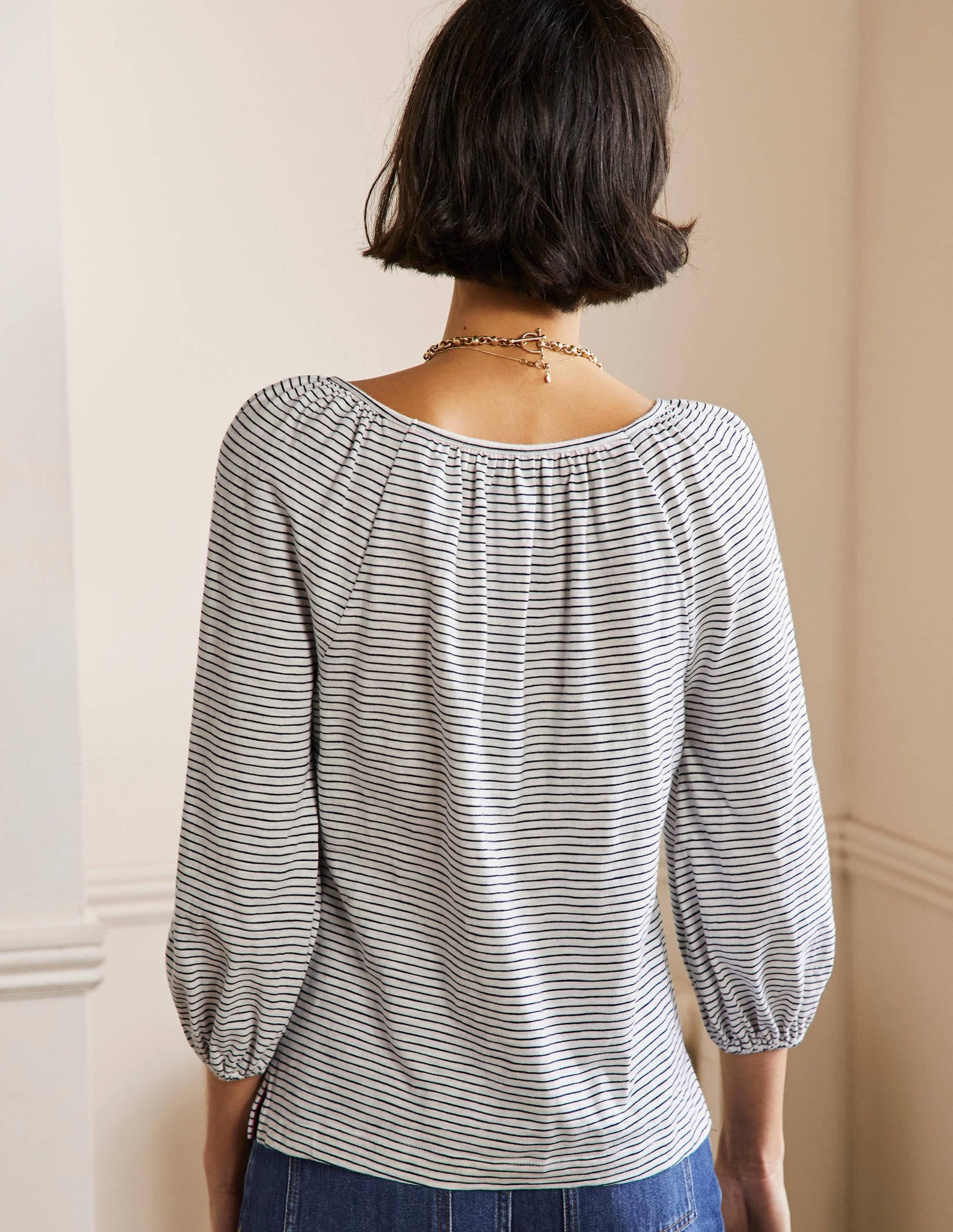 Blouson Sleeve Cotton Top-Ivory / Navy Stripe-3