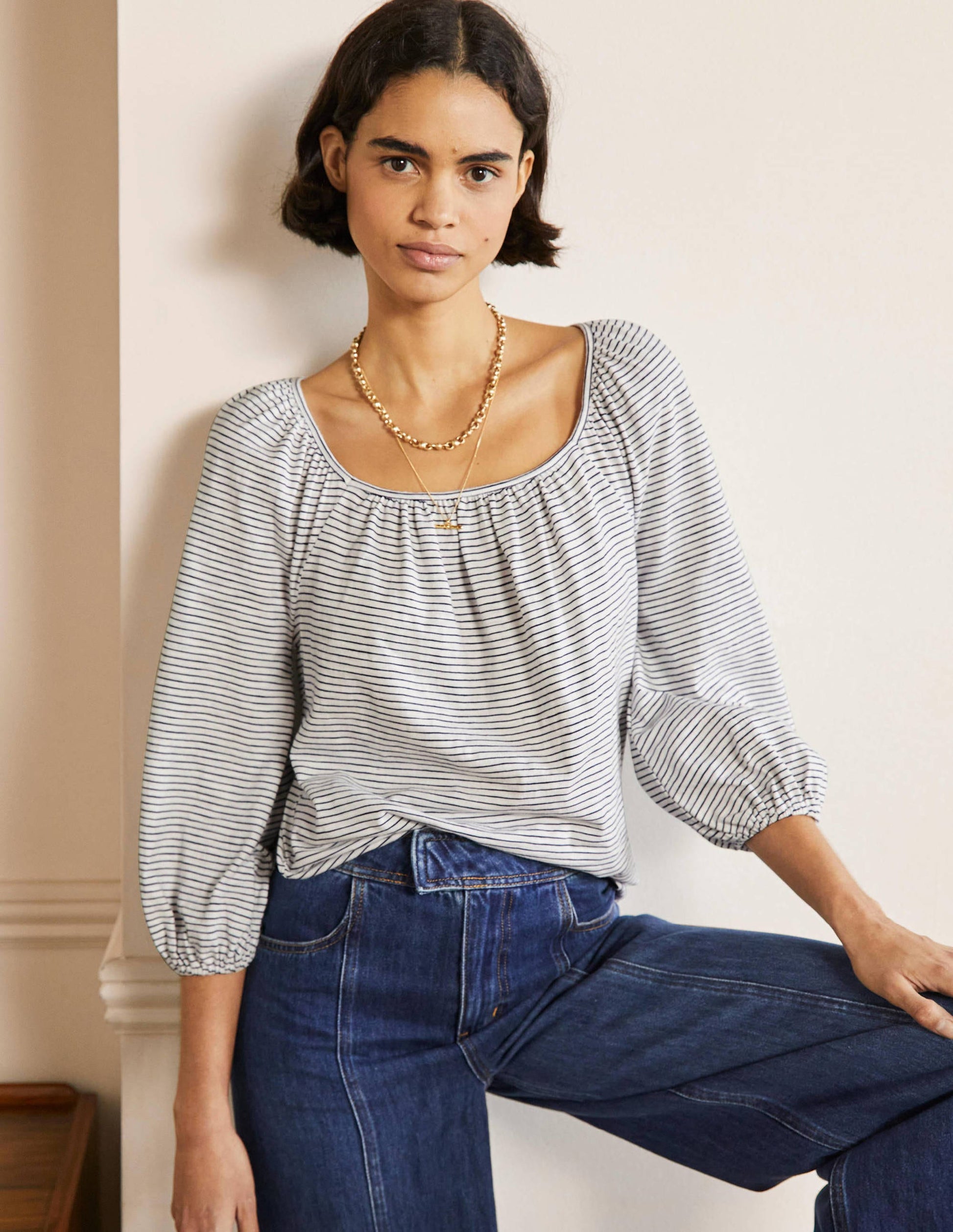 Blouson Sleeve Cotton Top-Ivory / Navy Stripe-4