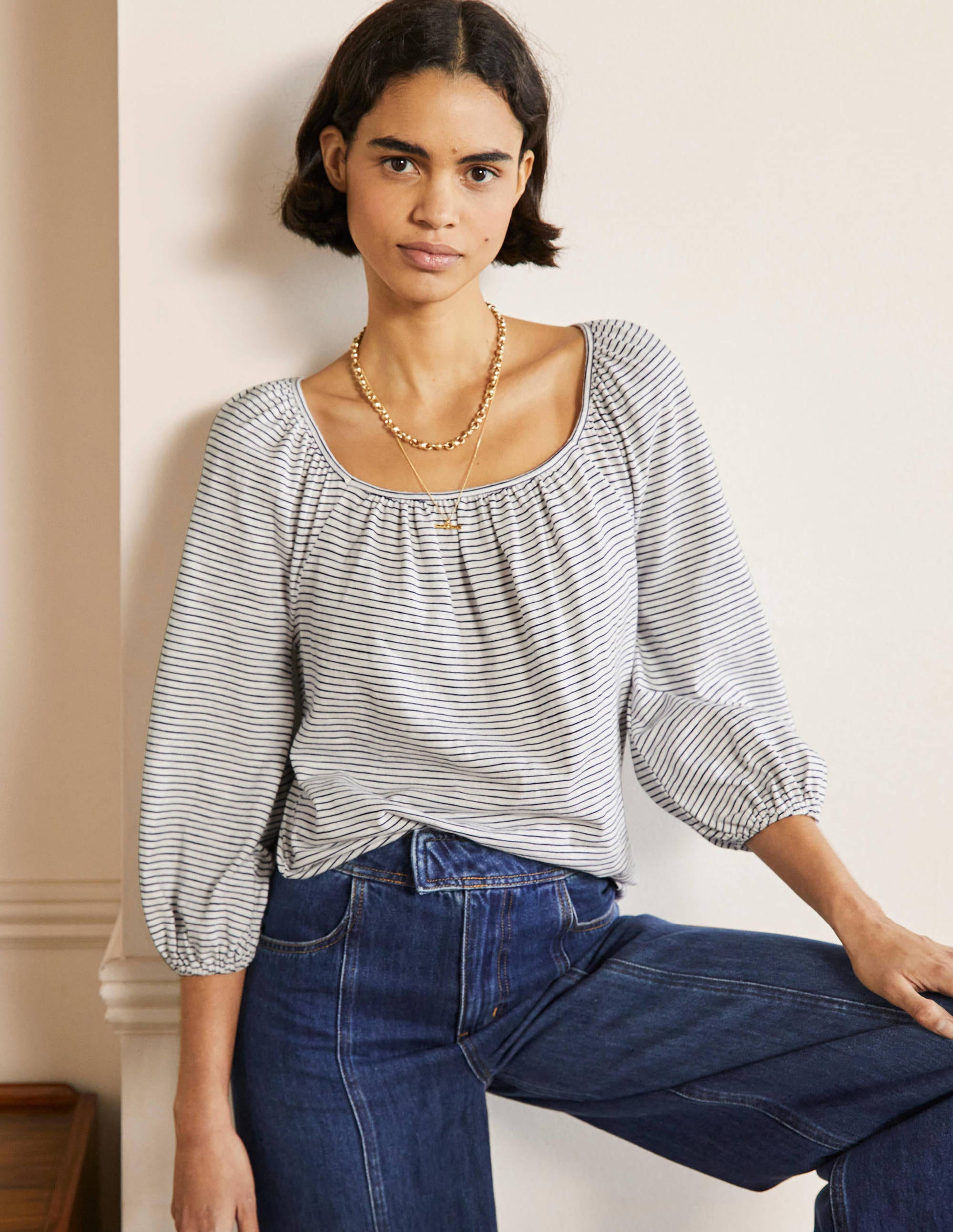 Blouson Sleeve Cotton Top-Ivory / Navy Stripe - Image 4