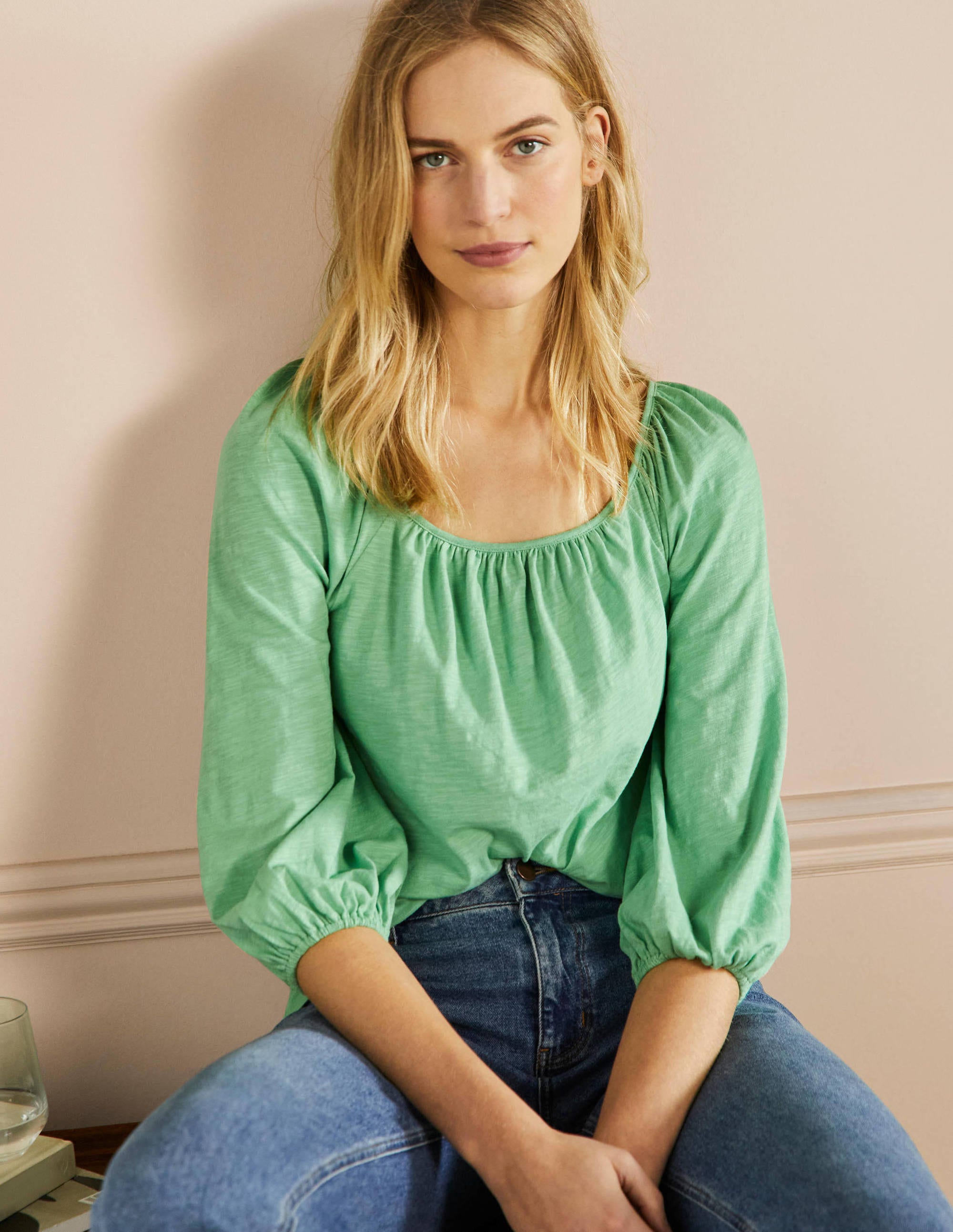 Blouson Sleeve Cotton Top-Zephyr Green - Image 1