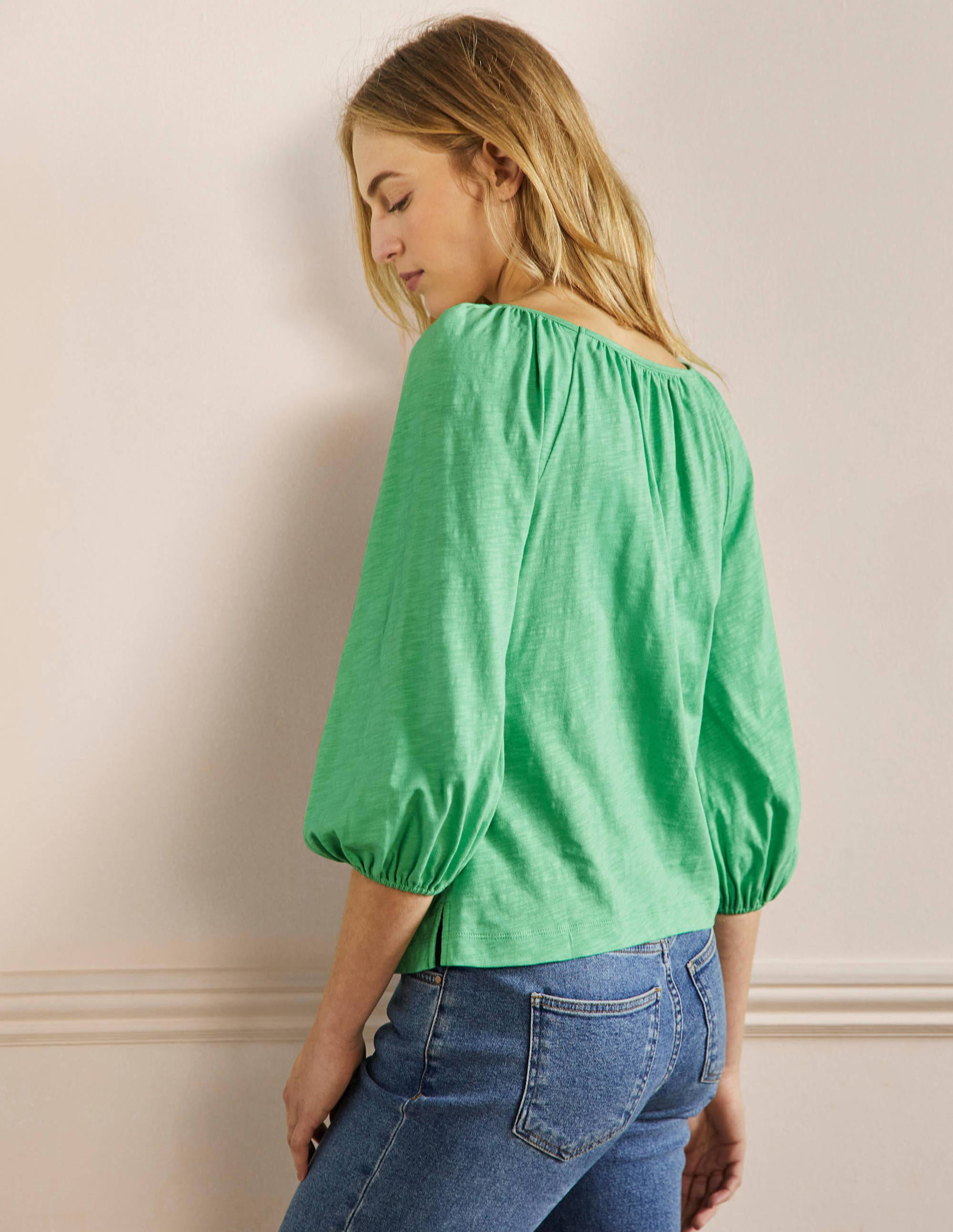 Blouson Sleeve Cotton Top-Zephyr Green - Image 3