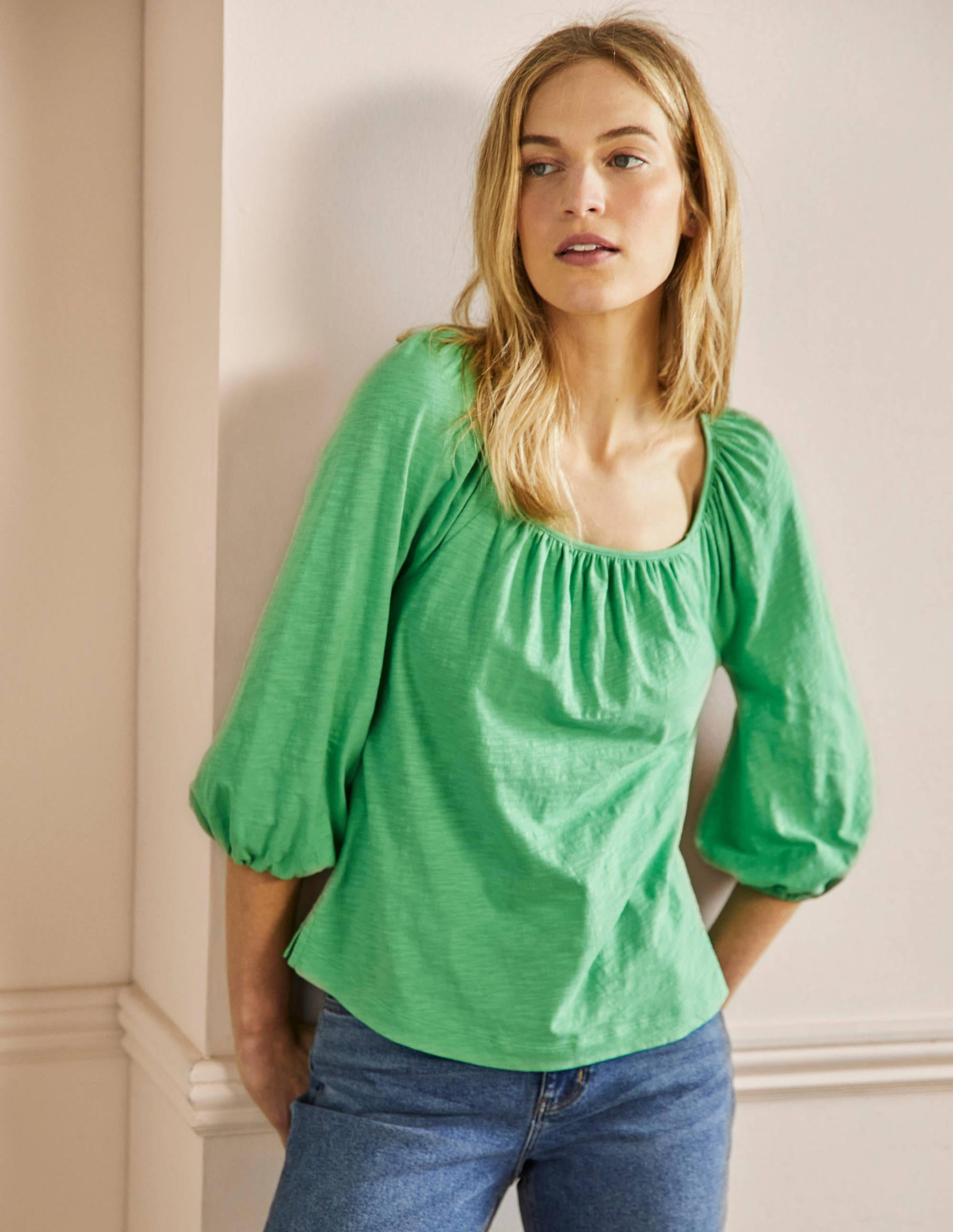 Blouson Sleeve Cotton Top-Zephyr Green - Image 4