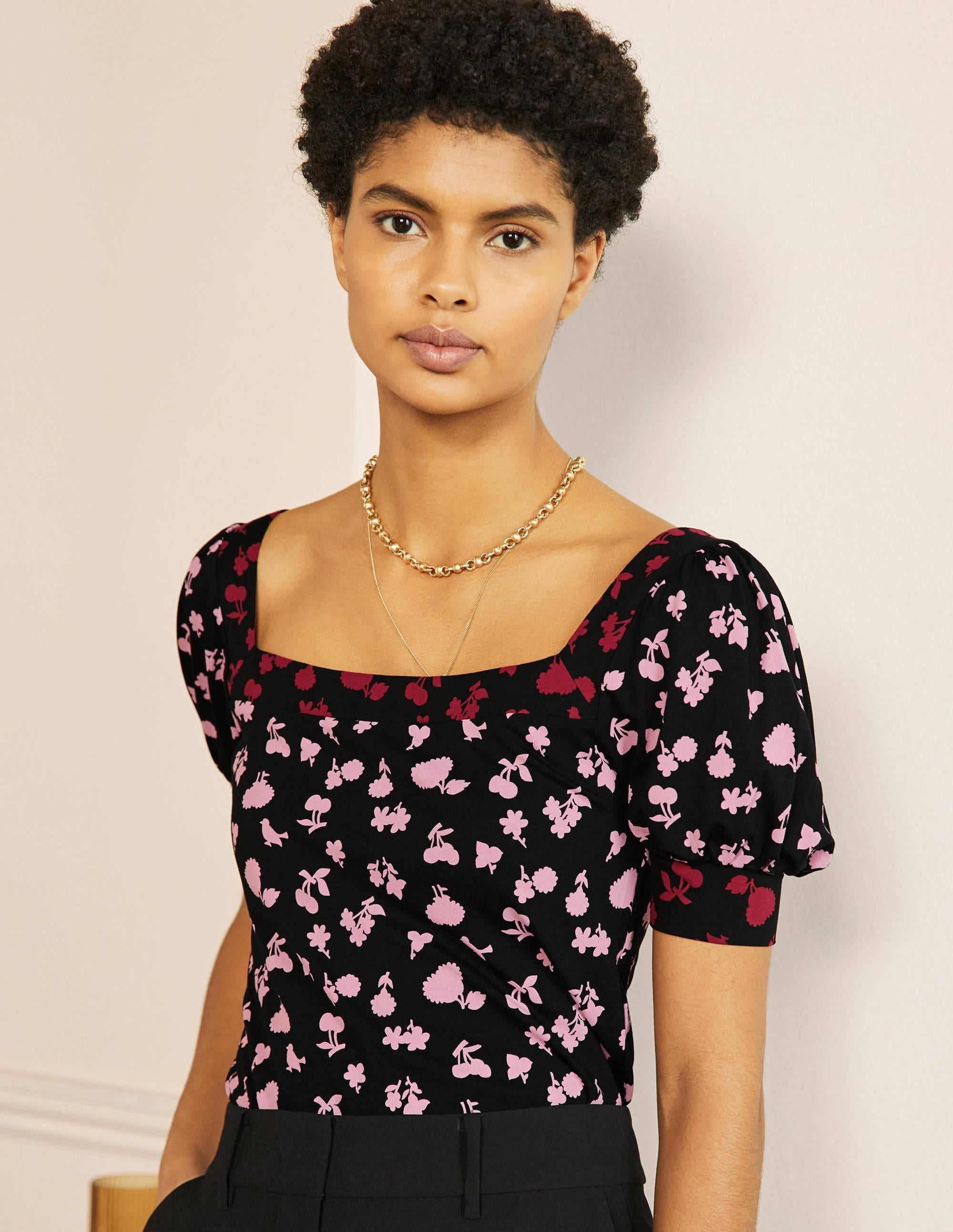 Eva Square Neck Jersey Top-Black and Formica Woodland Bud - Image 1