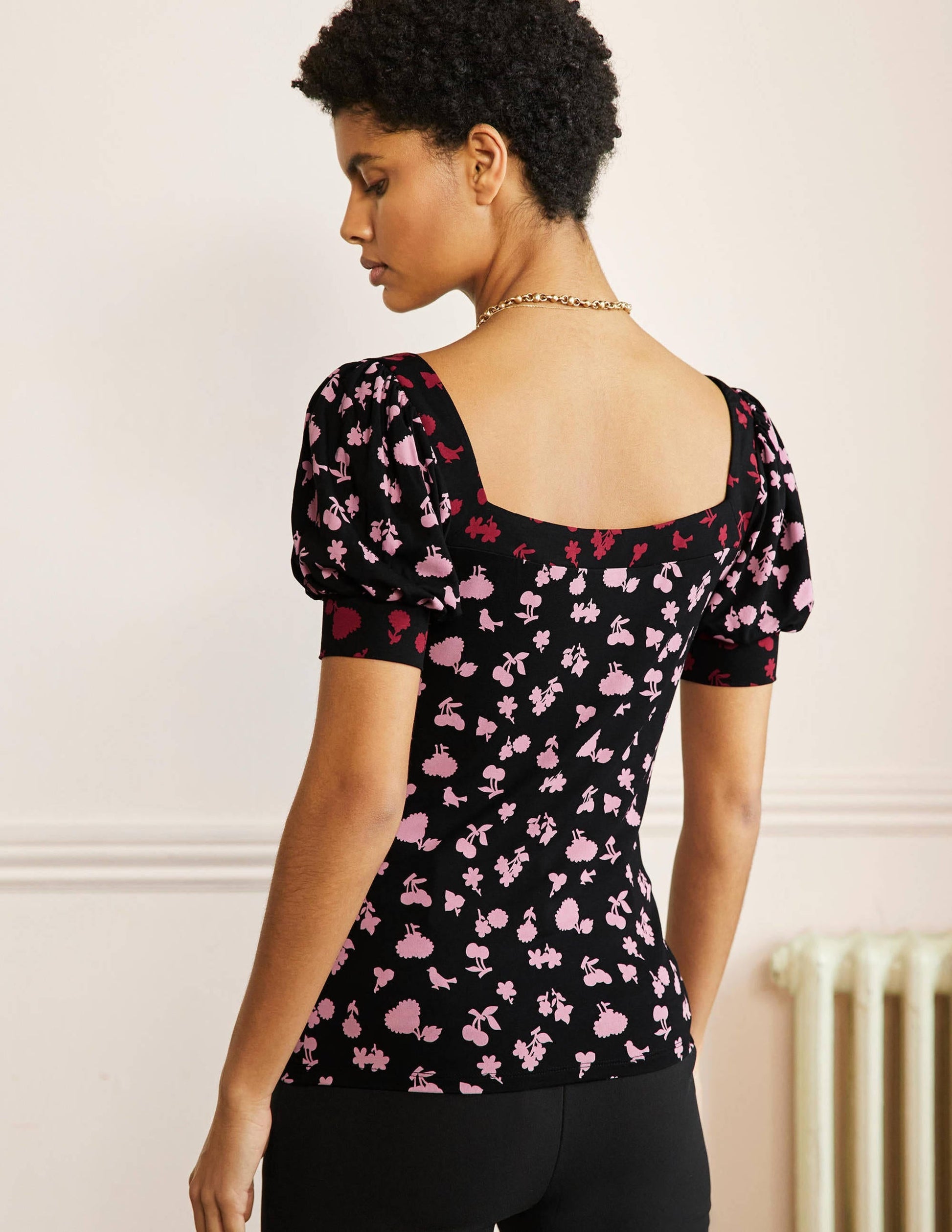 Eva Square Neck Jersey Top-Black and Formica Woodland Bud-3