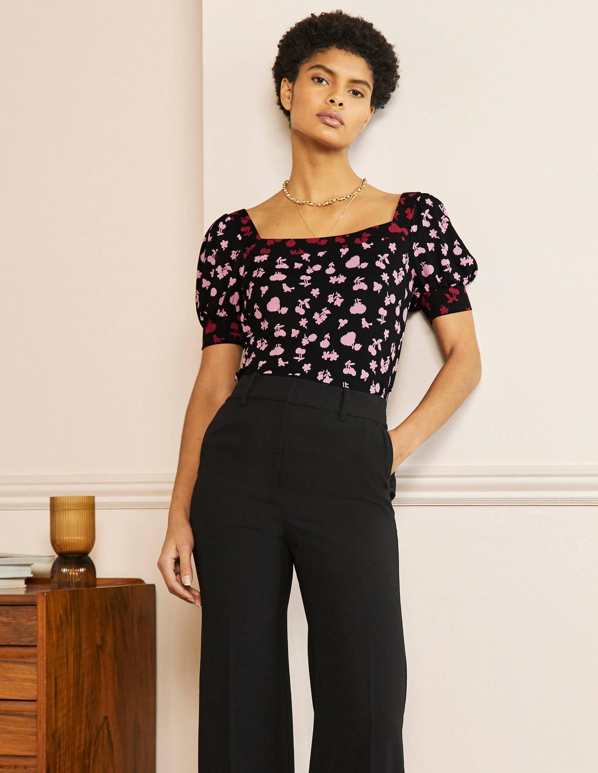 Eva Square Neck Jersey Top-Black and Formica Woodland Bud - Image 4