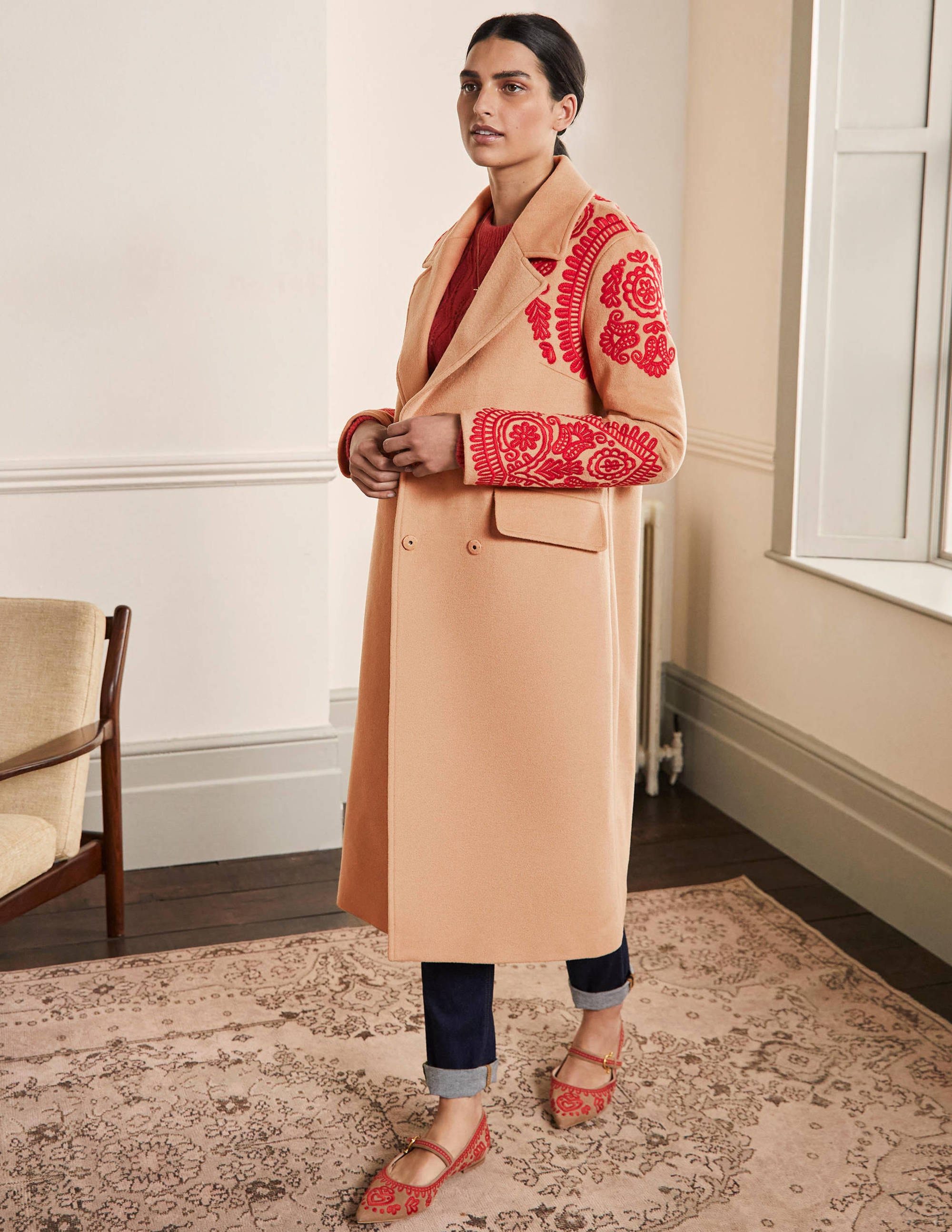 Cecily Embroidered Wool Coat-Oatmeal/Camel Marl - Image 1