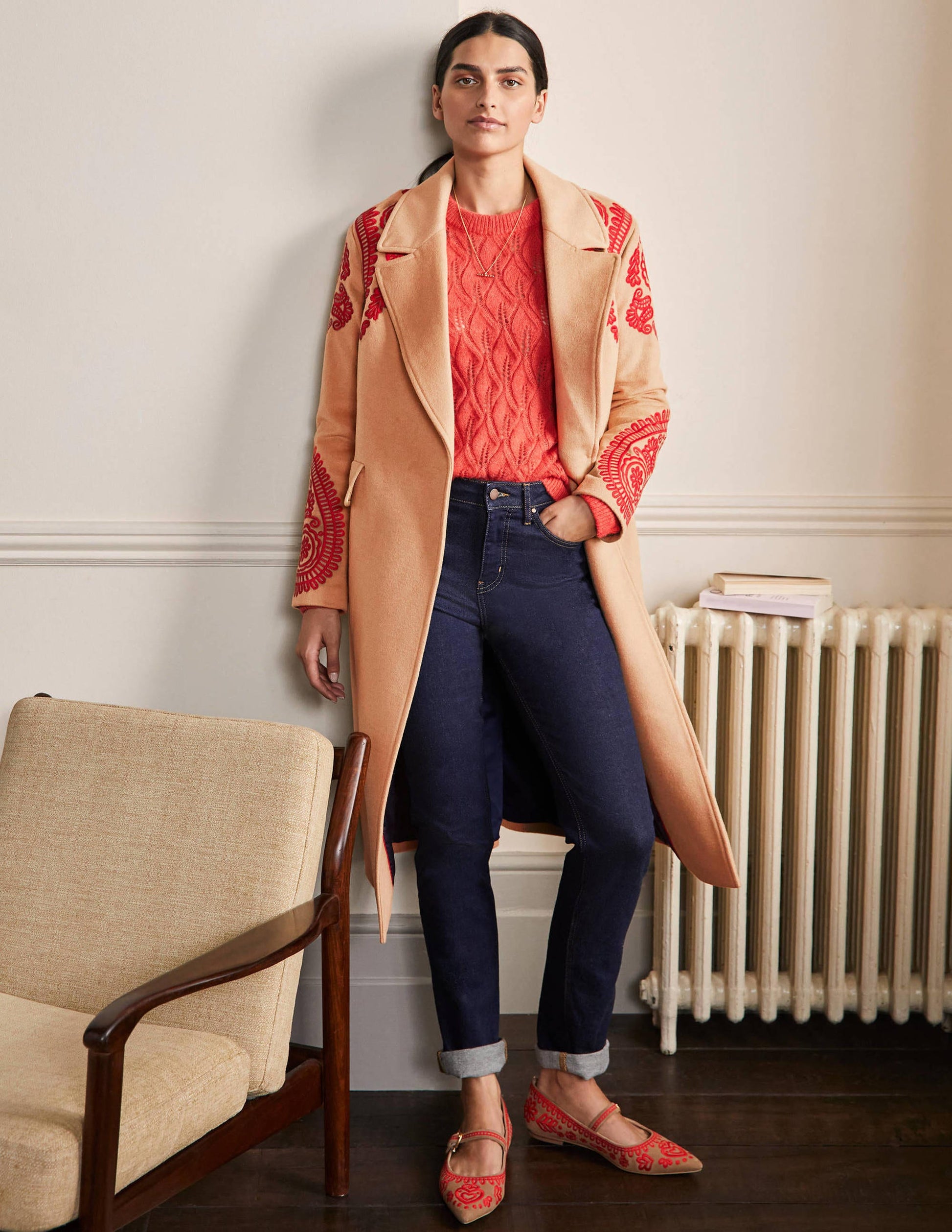Cecily Embroidered Wool Coat-Oatmeal/Camel Marl-4