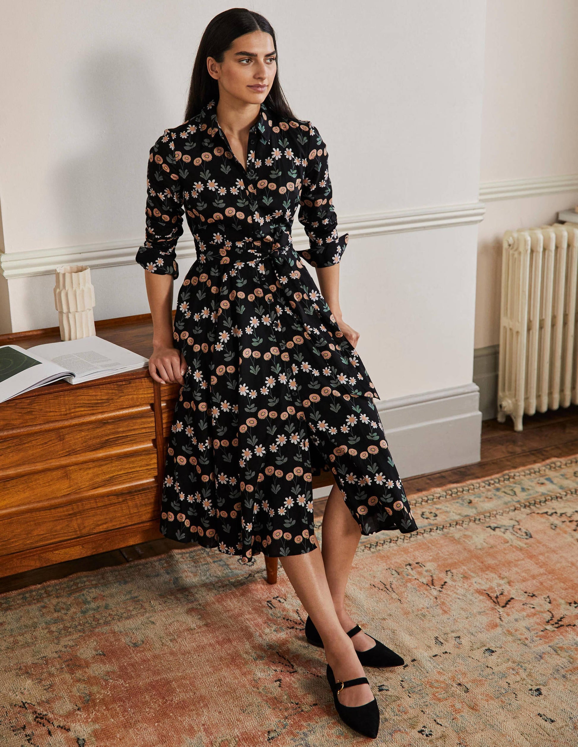 Kitty Midi Shirt Dress-Black, Delicate Daisy-1