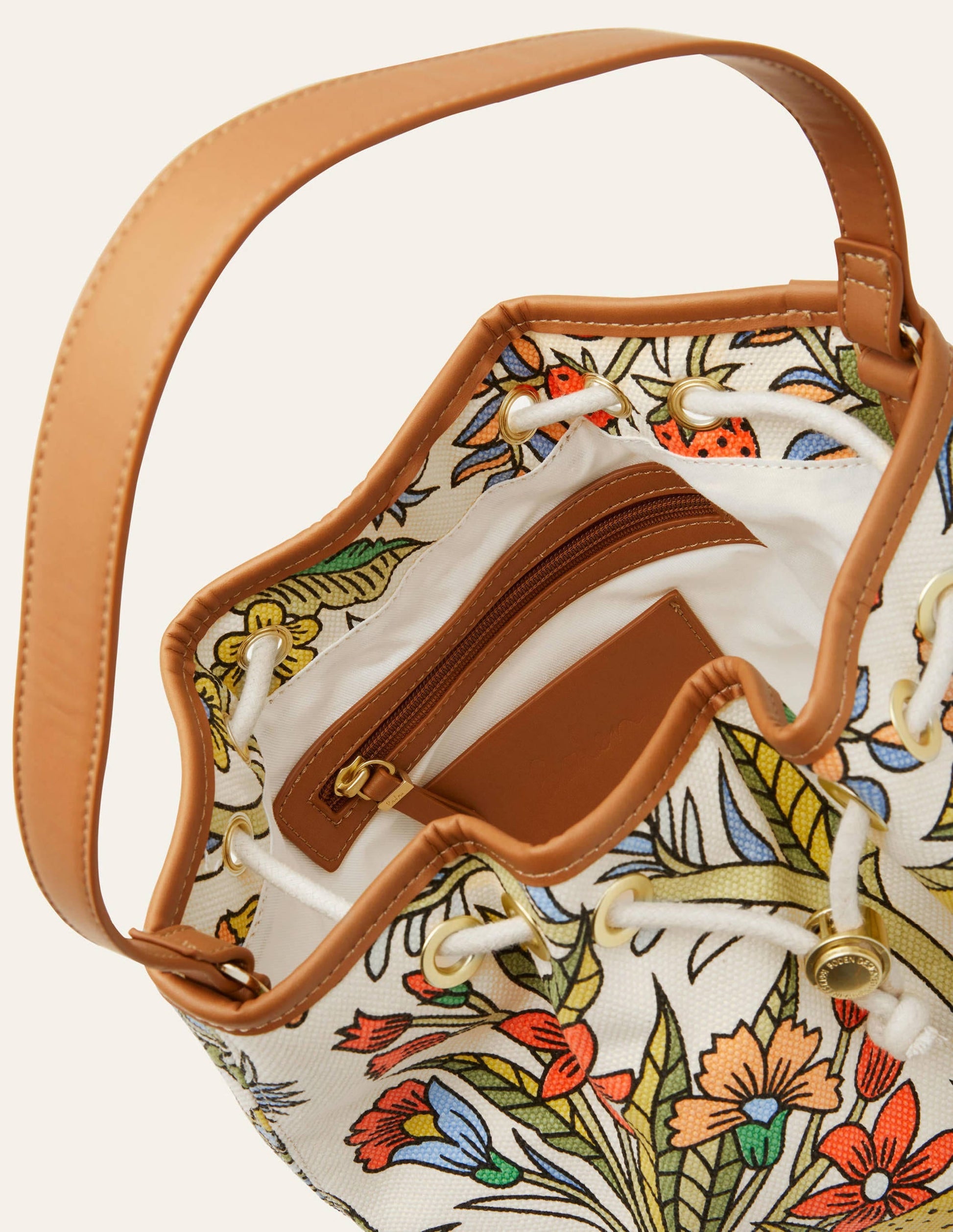 Canvas Drawstring Bucket Bag-Ivory, Tropic Meadow-3