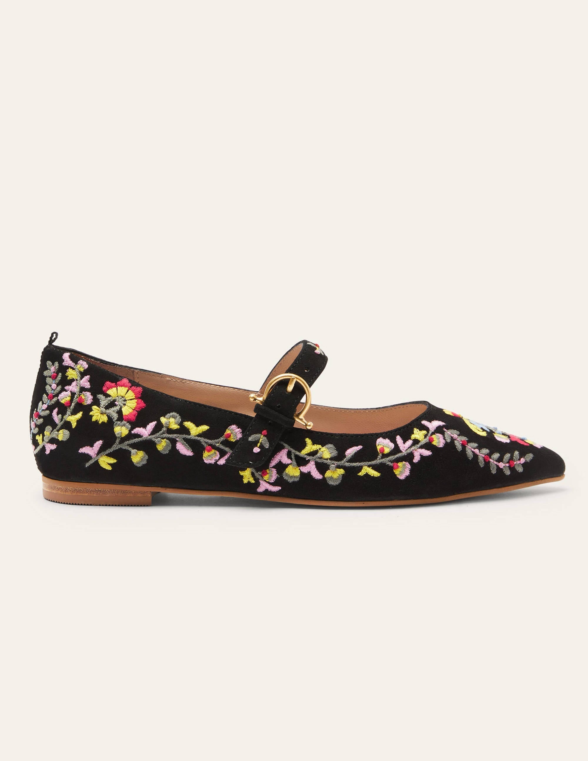 Pointed Toe Mary Jane Shoes-Black, Multi Embroidery - Image 2