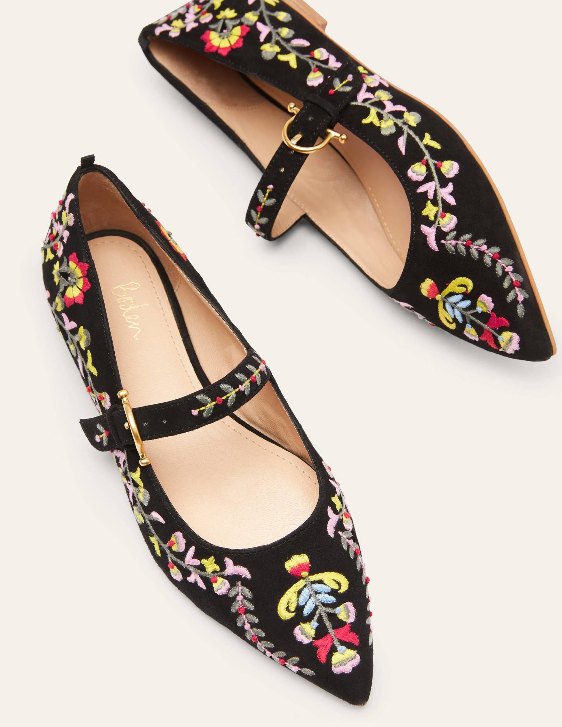 Pointed Toe Mary Jane Shoes-Black, Multi Embroidery-3