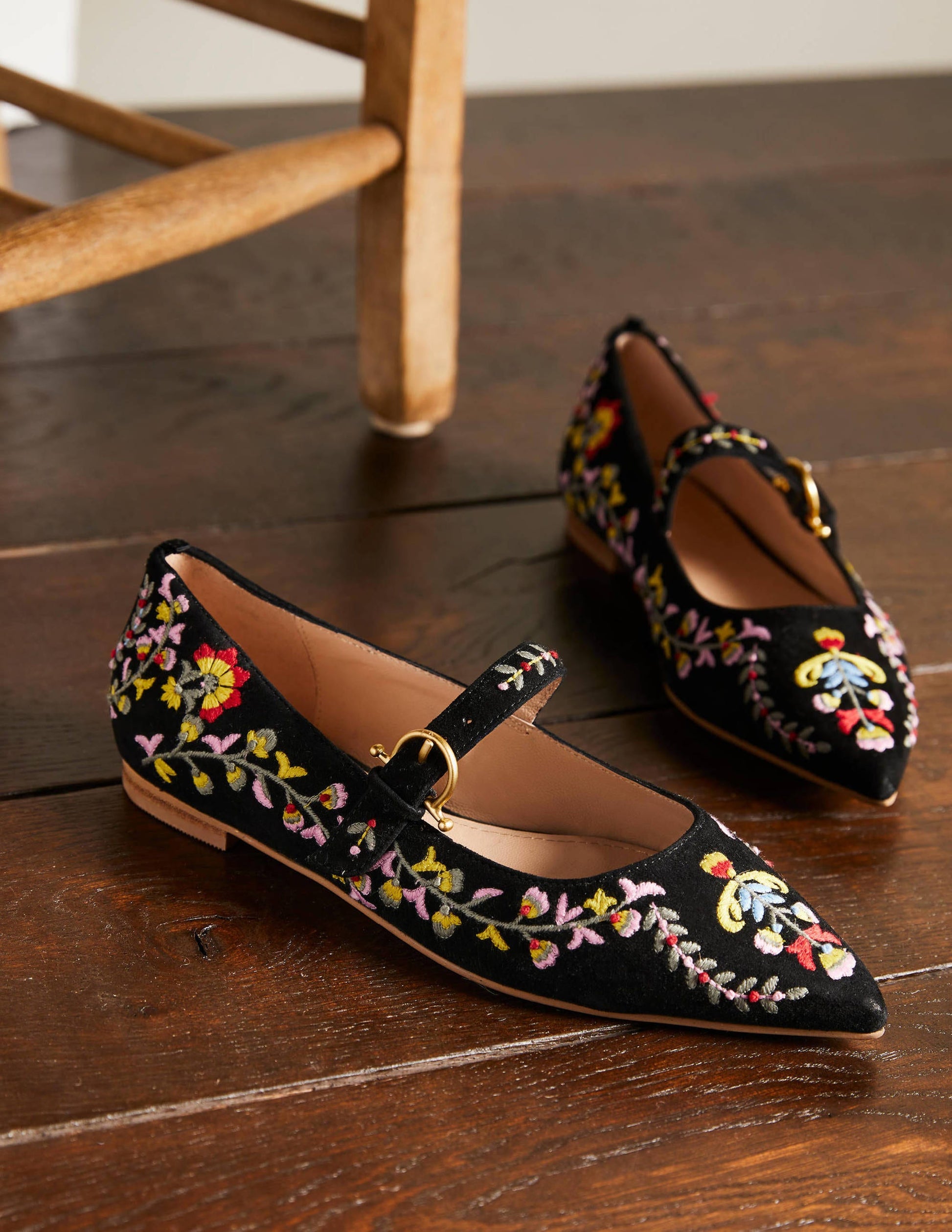 Pointed Toe Mary Jane Shoes-Black, Multi Embroidery-1