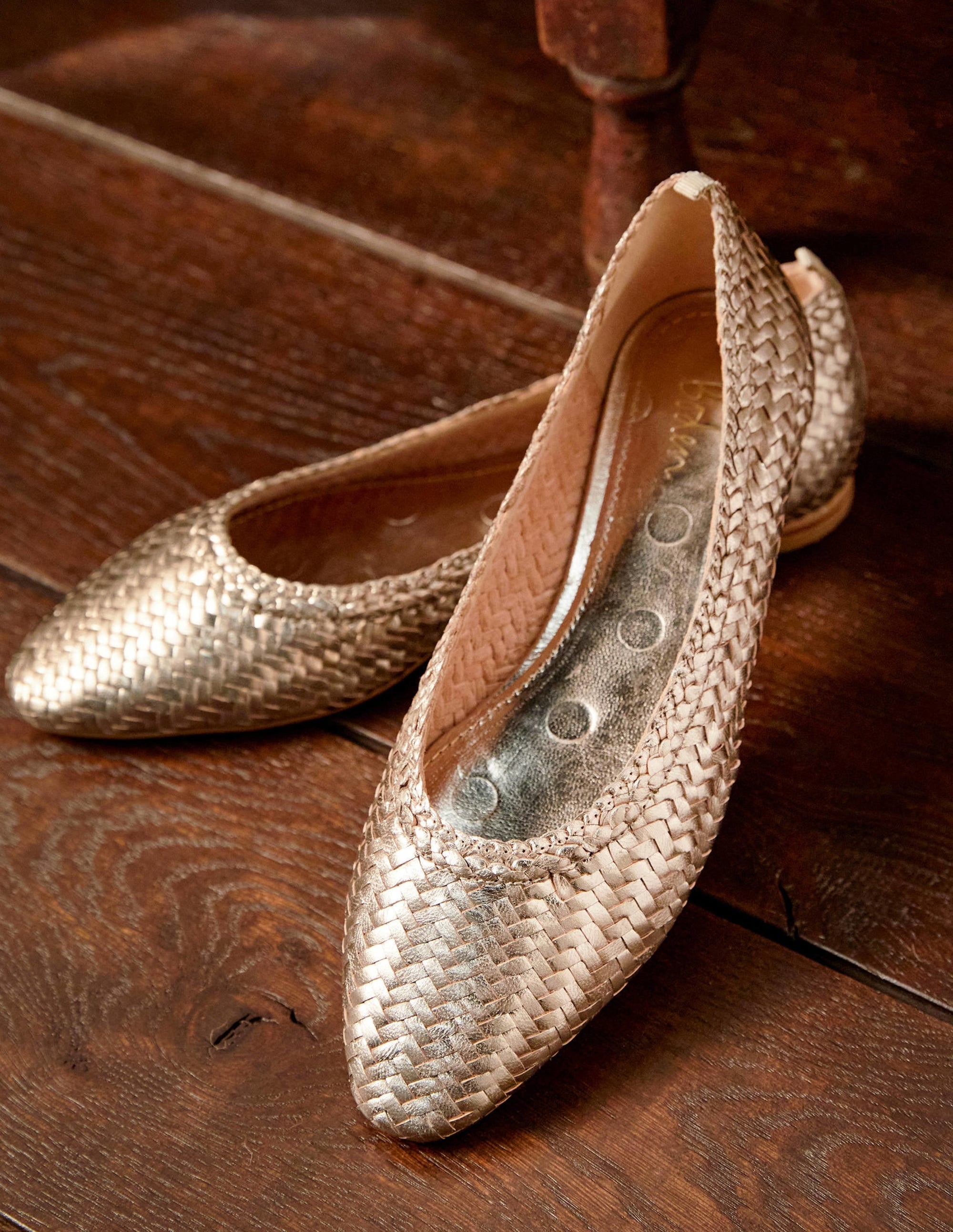 Almond Toe Ballerinas-Metallic Gold Woven - Image 1