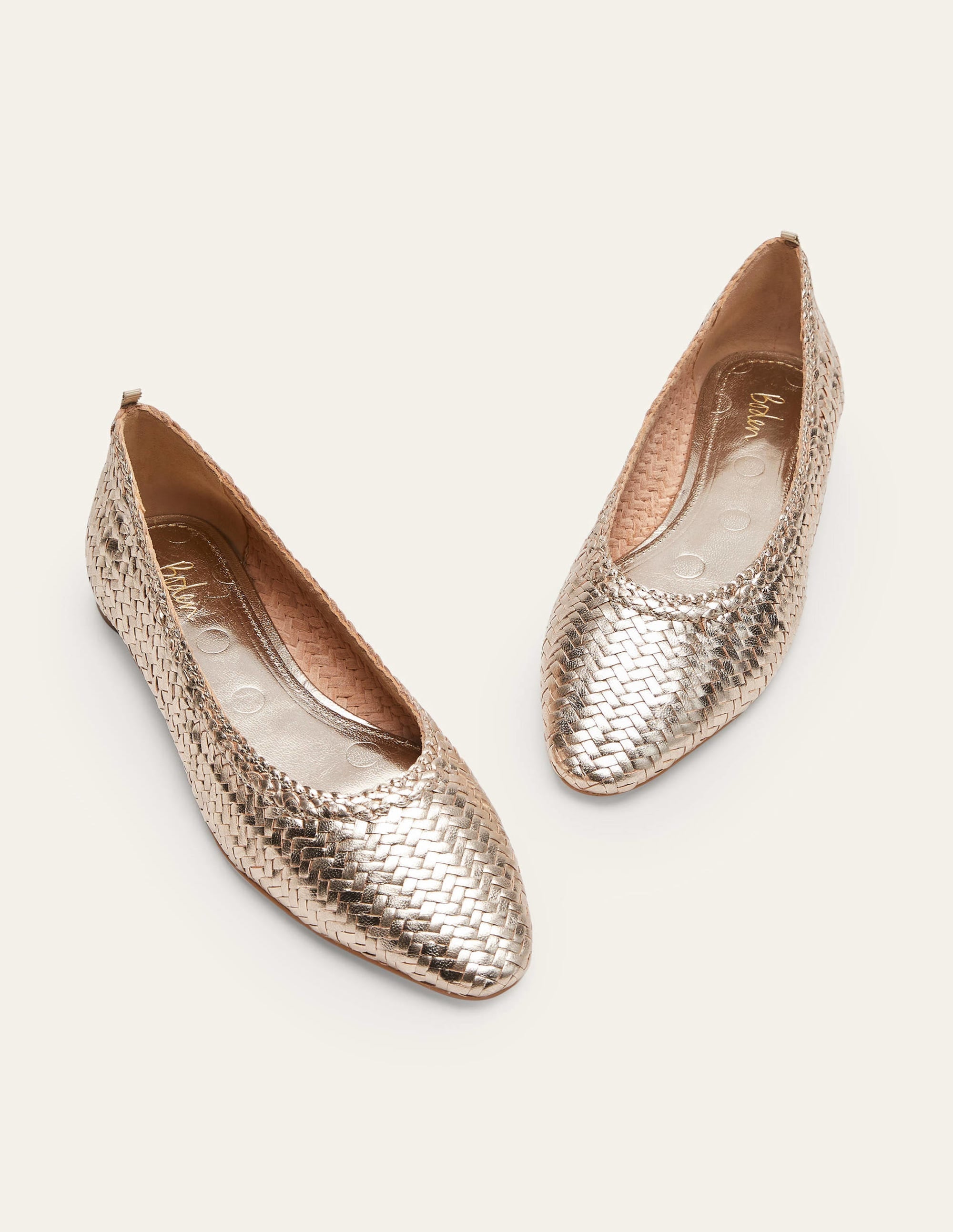 Almond Toe Ballerinas-Metallic Gold Woven - Image 2