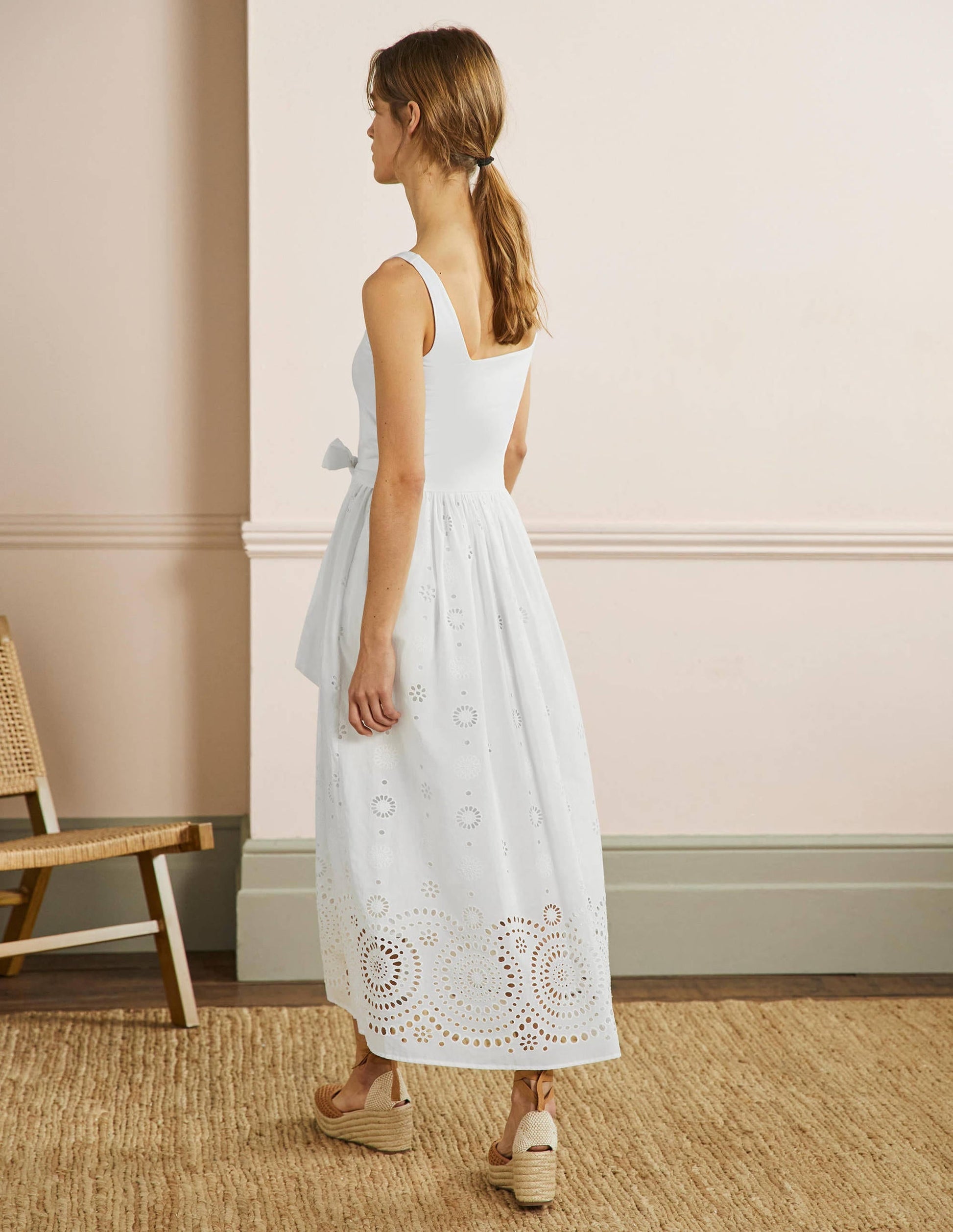 Broderie Mix Midi Dress-White-3
