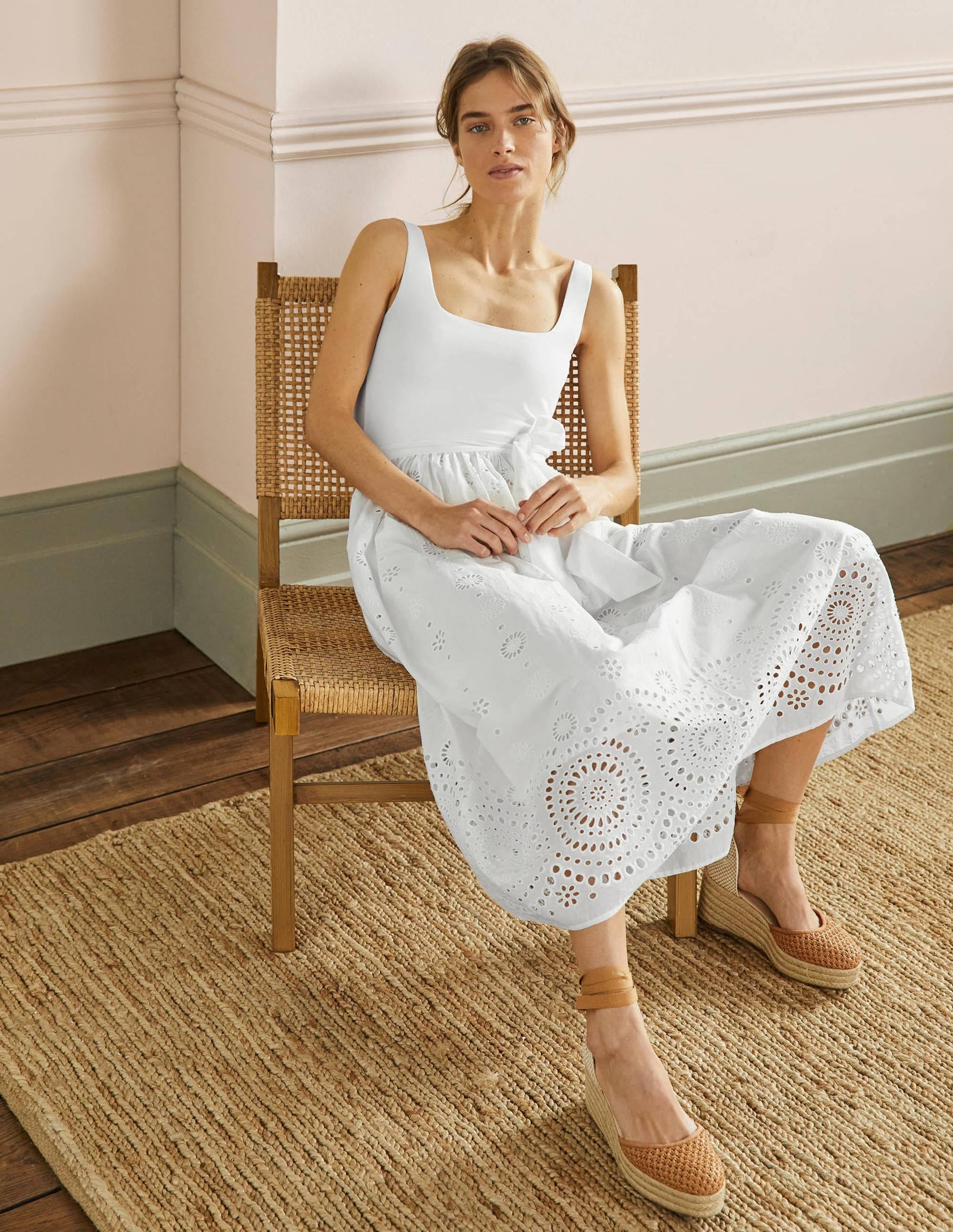 Broderie Mix Midi Dress-White-4