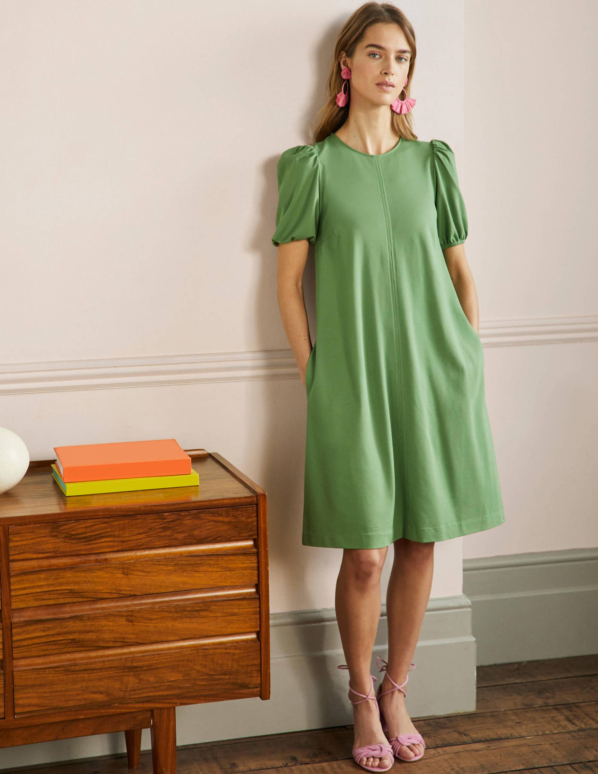 Seam Detail Jersey Shift Dress-English Ivy - Image 1