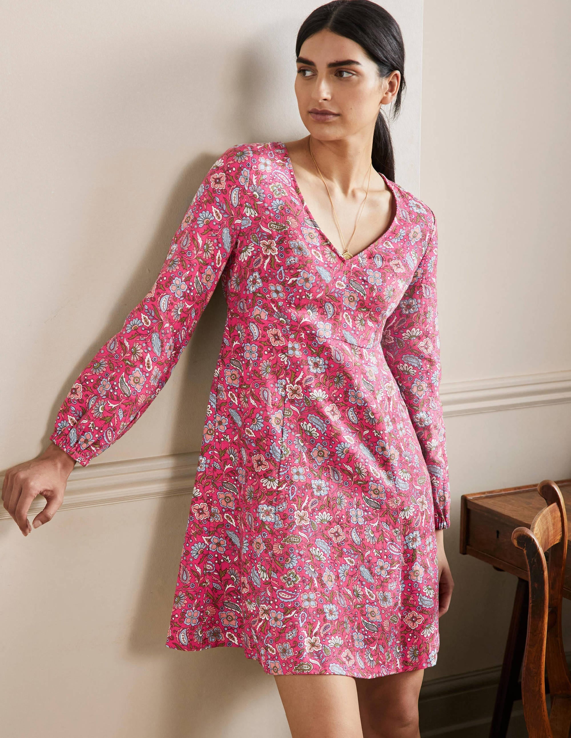 V-Neck Flippy Mini Dress-Radish, Oriental Paradise - Image 1