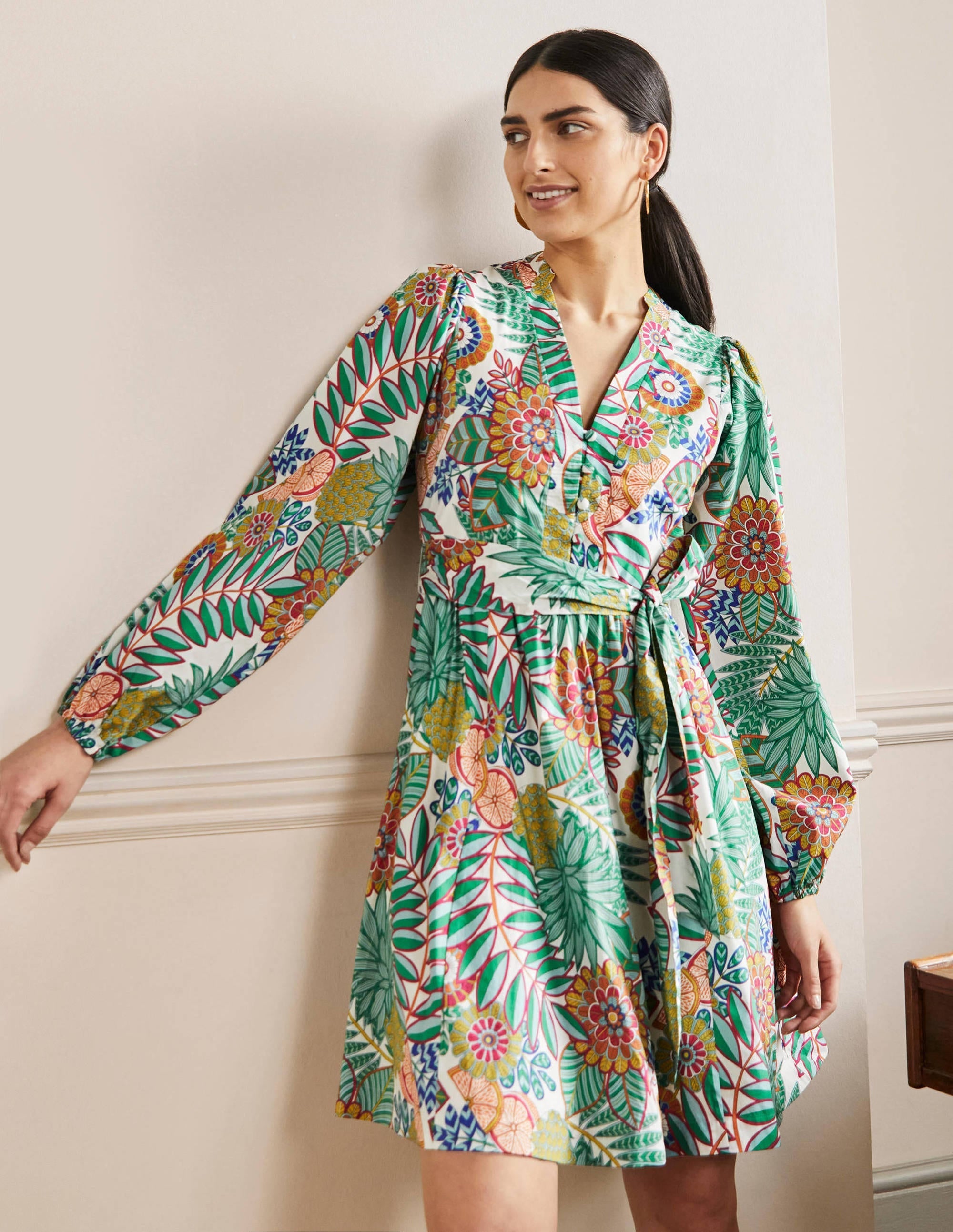Notch Neck Cotton Dress-Ivory, Pineapple Bloom - Image 1