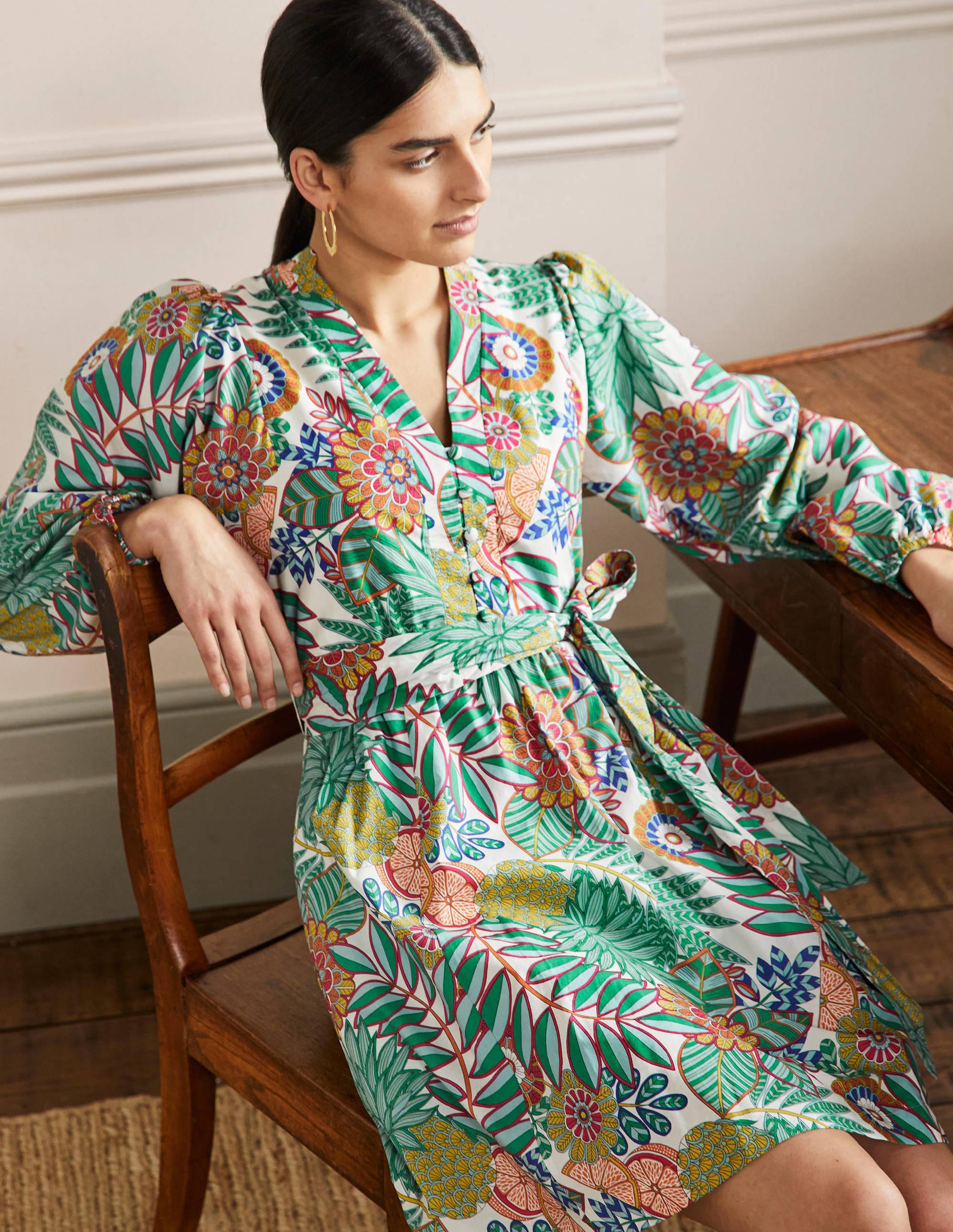 Notch Neck Cotton Dress-Ivory, Pineapple Bloom - Image 3
