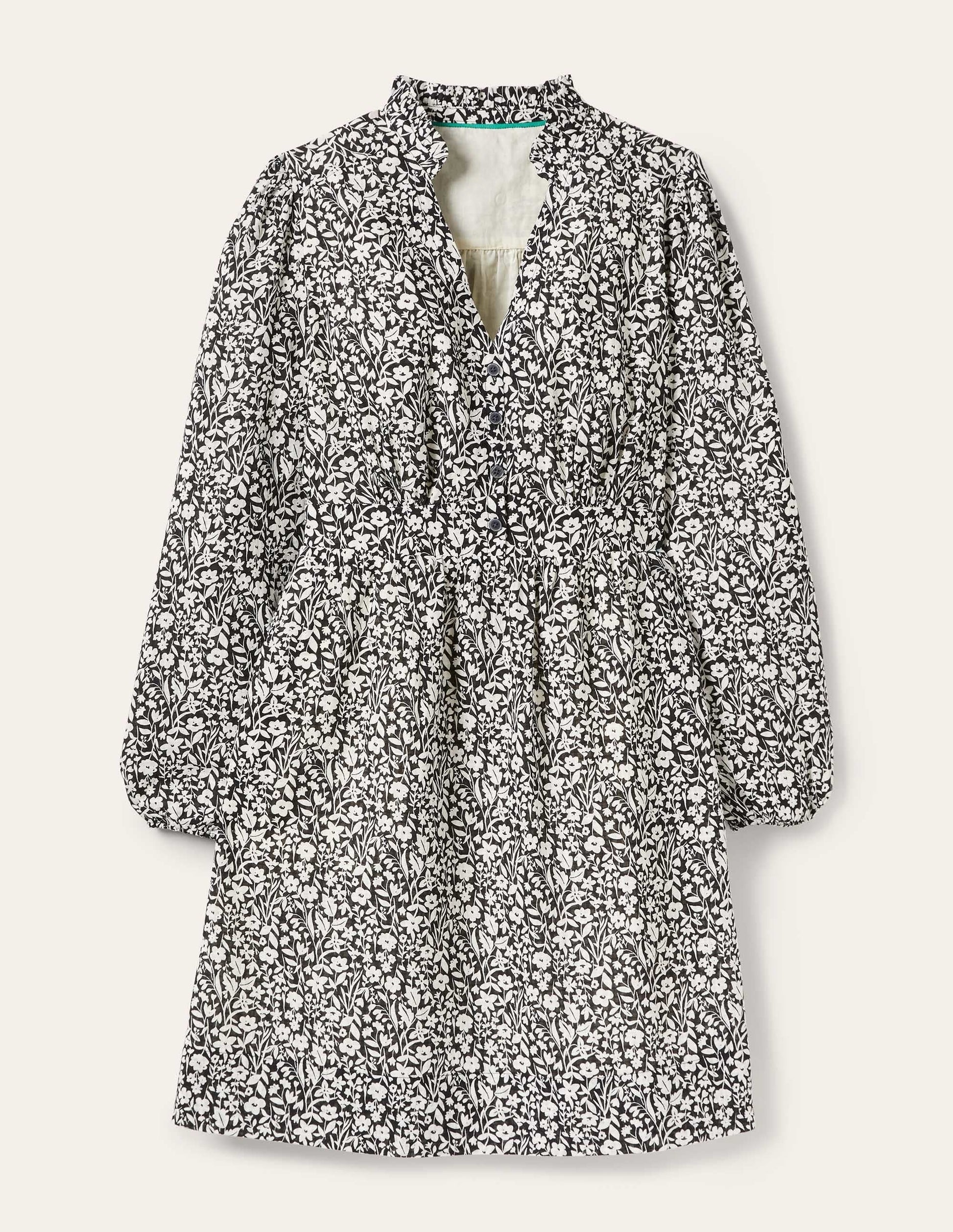 Notch Neck Mini Tea Dress-Black, Wildflower Sprig-5